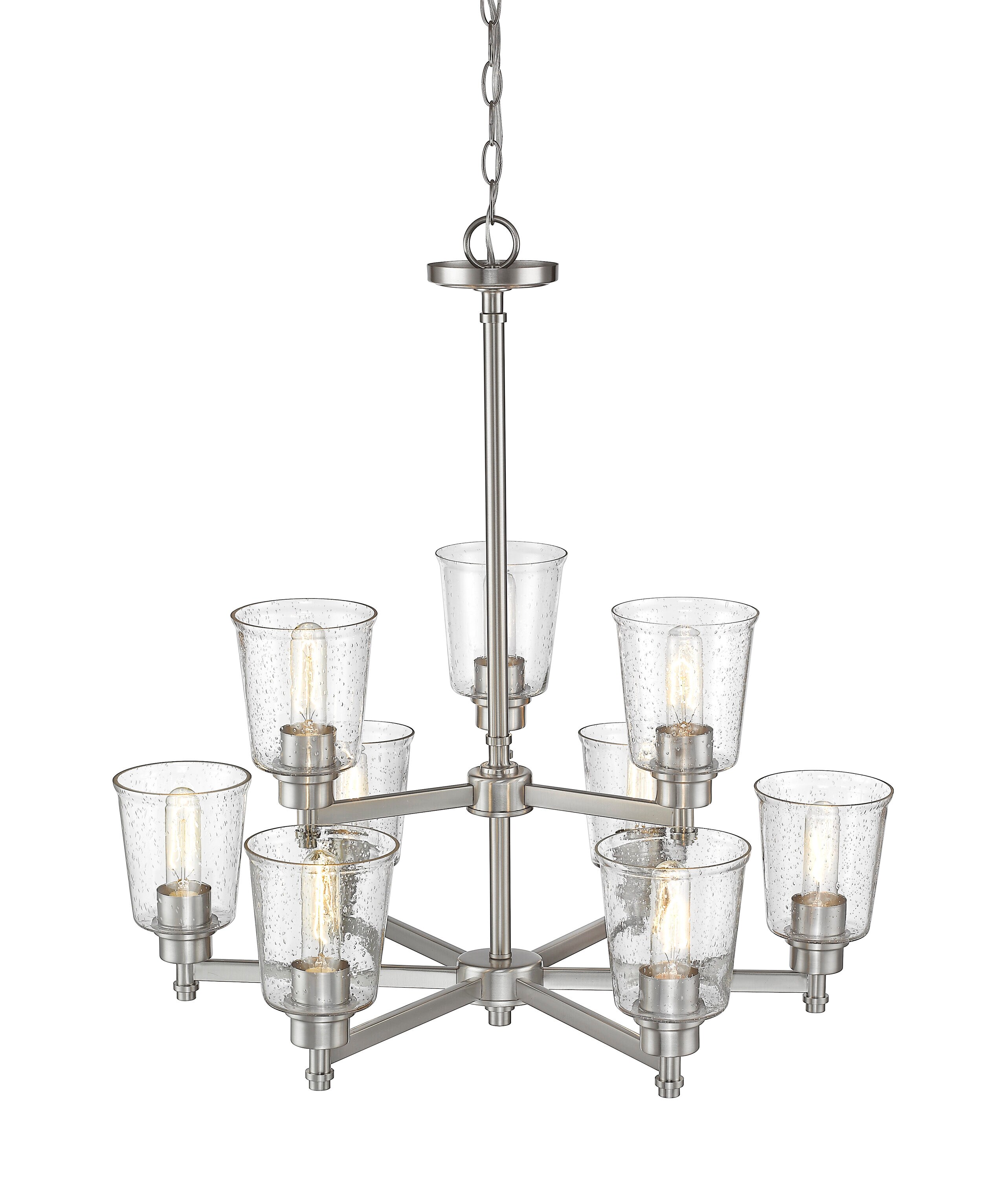 Luxurious Brushed Nickel 9-Light Chandelier with Clear Seedy Glass Shades