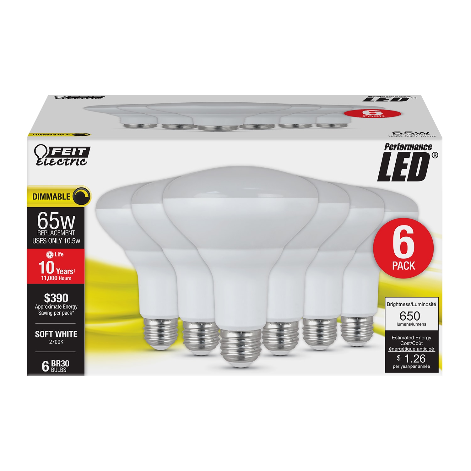 Feit Electric BR30/DM/10KLED/6 Reflector LED 65 -Watt EQ BR30 Soft white Medium base (E-26) Dimmable LED Spot Flood Light Bulb 6 -Pack