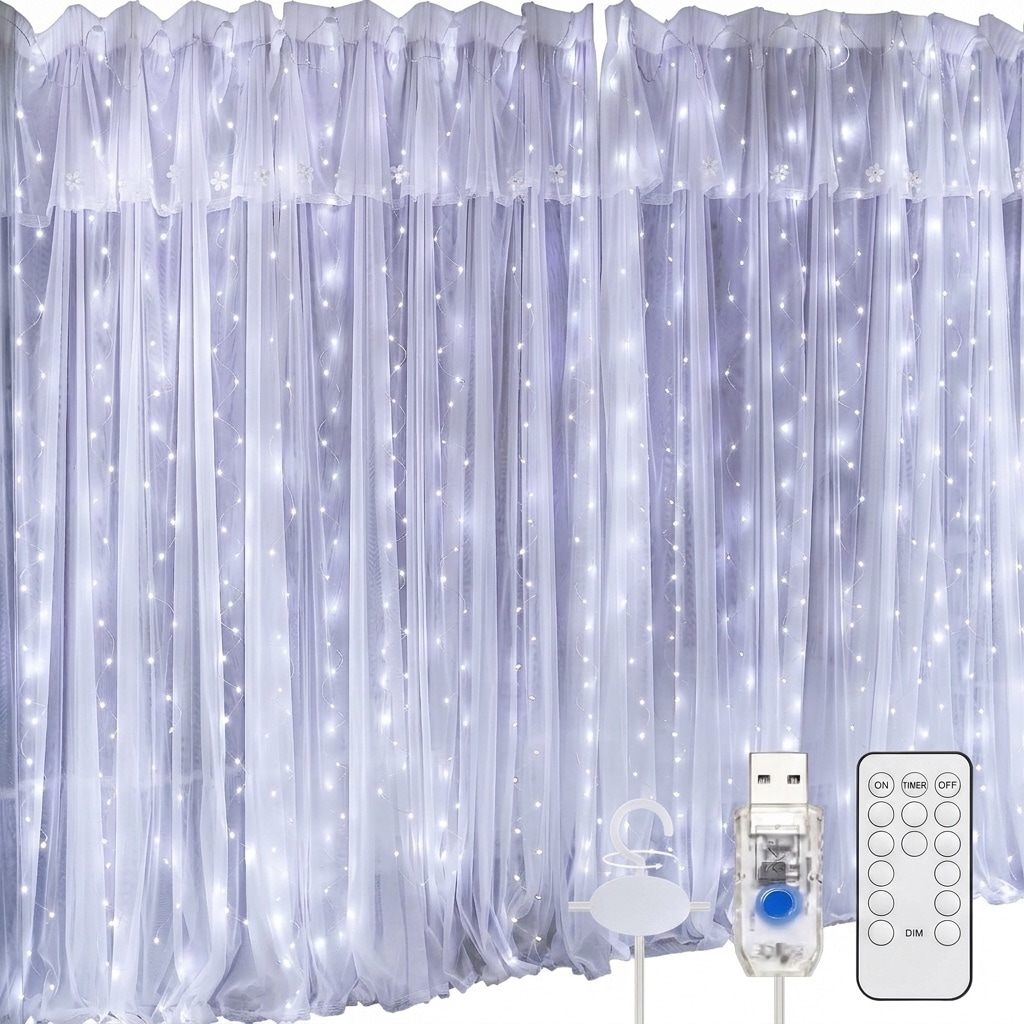 Etokfoks -  White Remote Control Curtain Light Sheer Shades for Windows 8 Modes Waterproof 600LED...