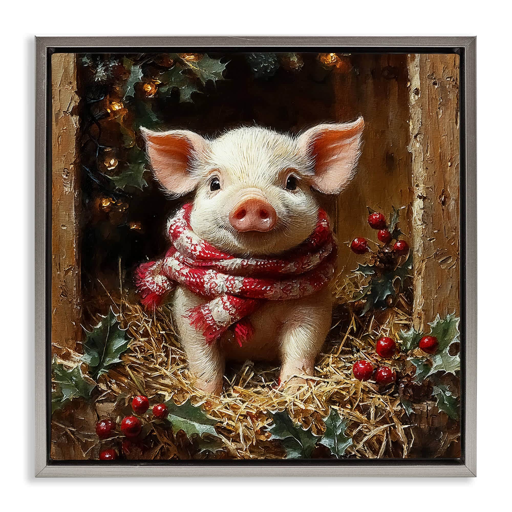 Stupell Industries BT-938-FFL-24X24 Pig with Holiday Garlands Gray Framed Floater Canvas Wall Art By Riley B 25 x 25