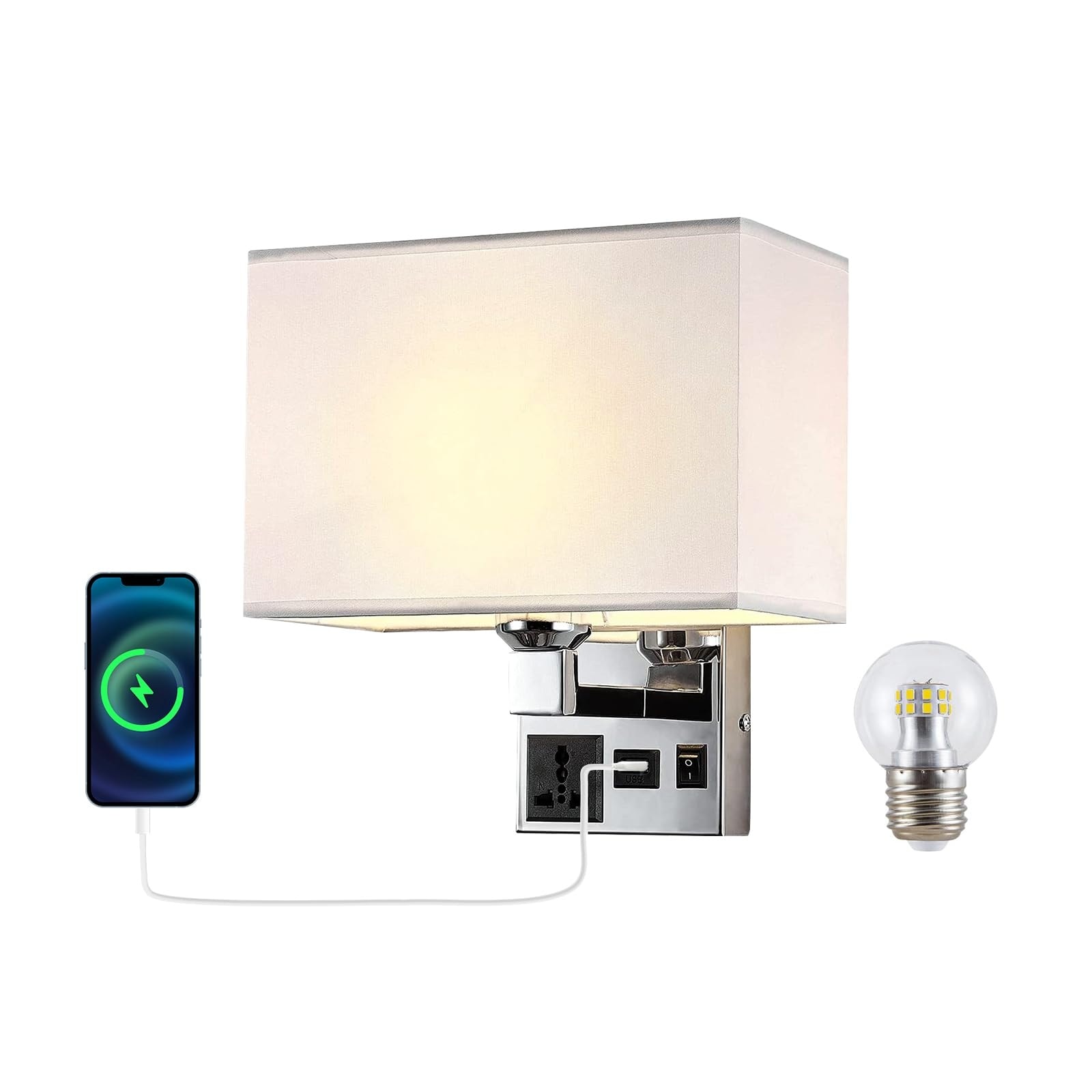 Etokfoks  LED Light Black Finish Hardwired Wall Lamp with USB Port and Switch Fabric Shade for Bedroom Living Room Hotel