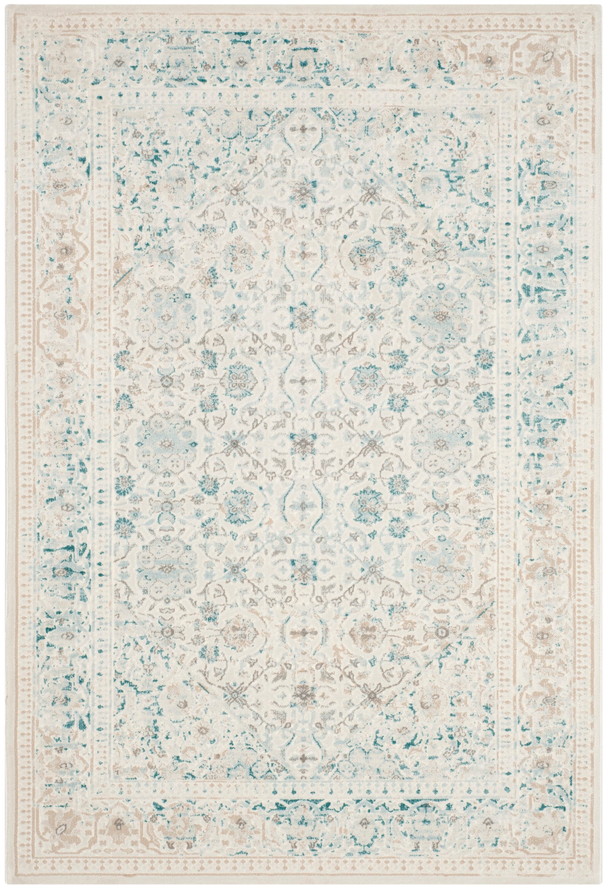 Ivory and Turquoise Hand-knotted Synthetic Rectangular Rug