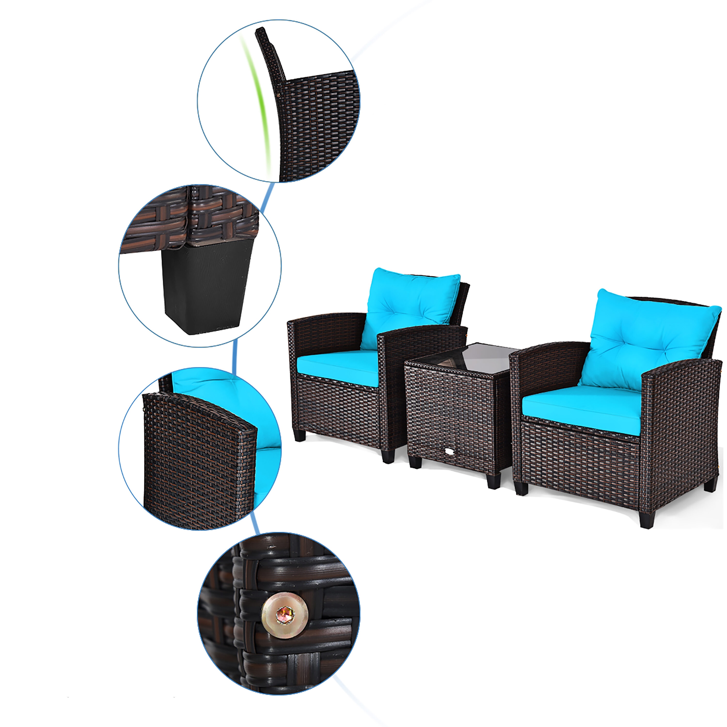 Turquoise Cushioned Rattan 3-Piece Patio Conversation Set