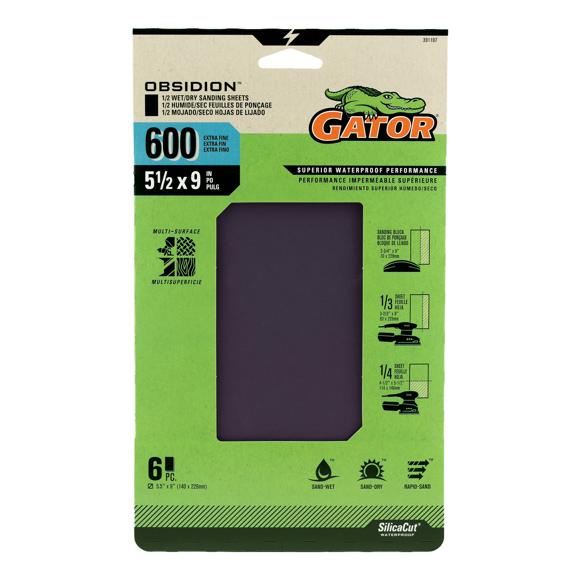 Gator 391107 Obsidion 6 -Piece Silicon carbide 600 -Grit Sheet Sandpaper