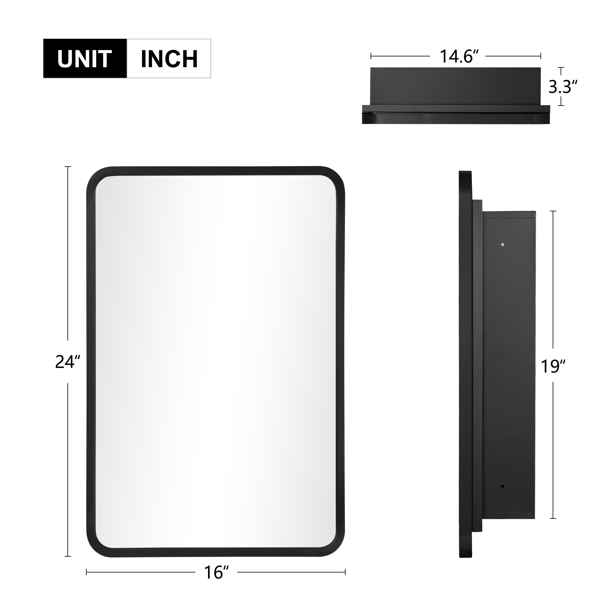 Fundin Plastic Medicine Cabinet Beveled Edge Mirror Door with Round Corner Metal Frame Recessed and Surface Mount Black16 x 24 inch