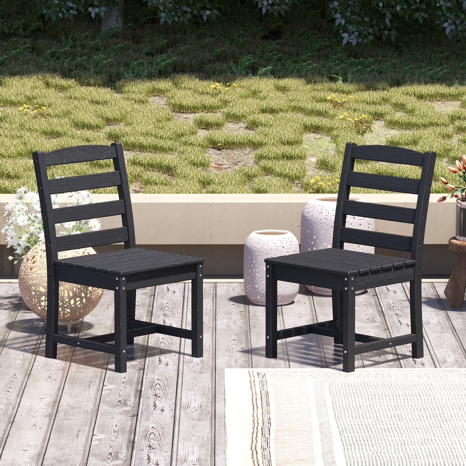 MIDHAM KF510003-02 Patio dining chair Set of 2 Black HDPE Frame Stationary Dining Chair with Black Solid Seat