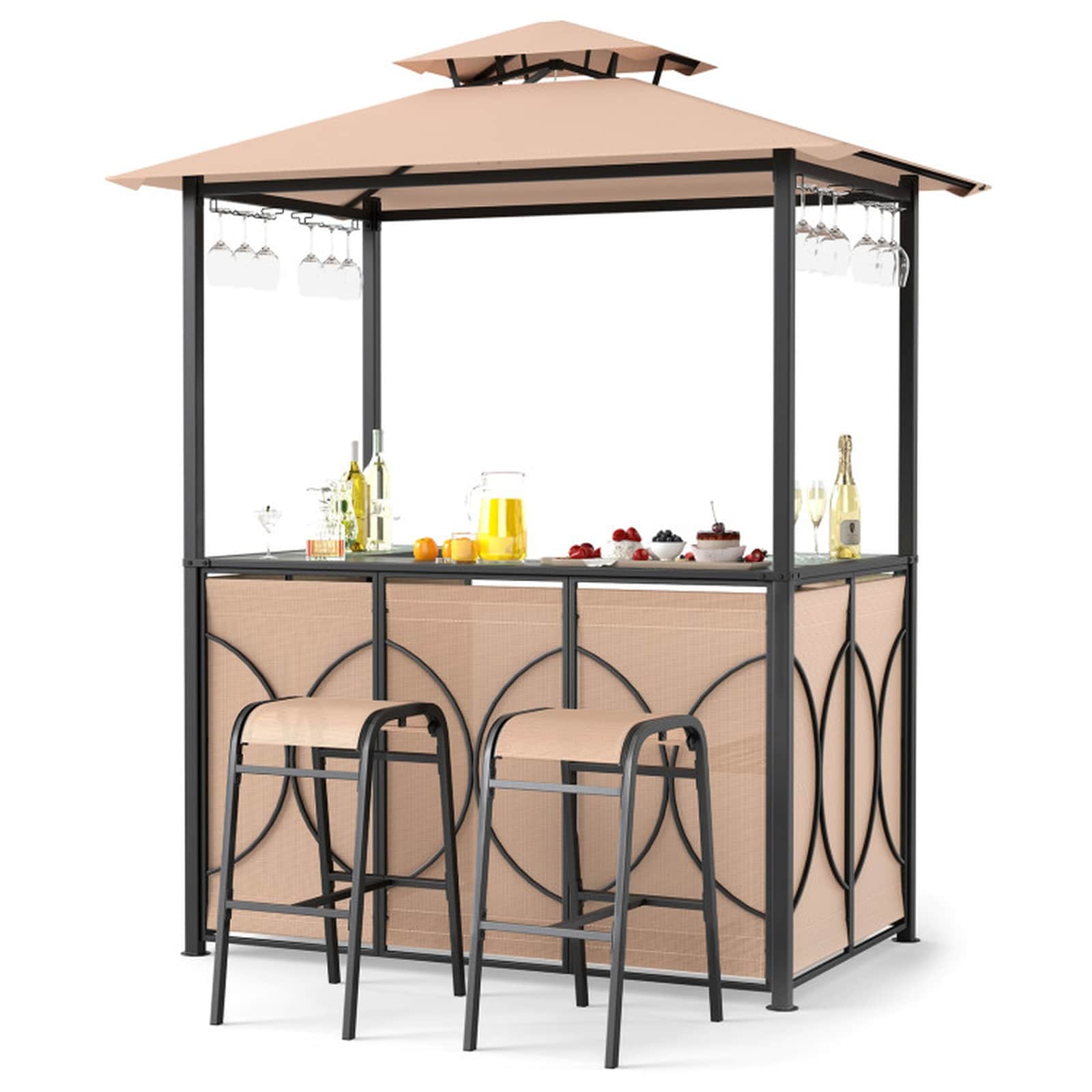 SUGIFT - 6.5 x 4 x 8-ft Grill Gazebo Set with 2 Bar Stools Bar Table Double Roof Canopy Tempered ...