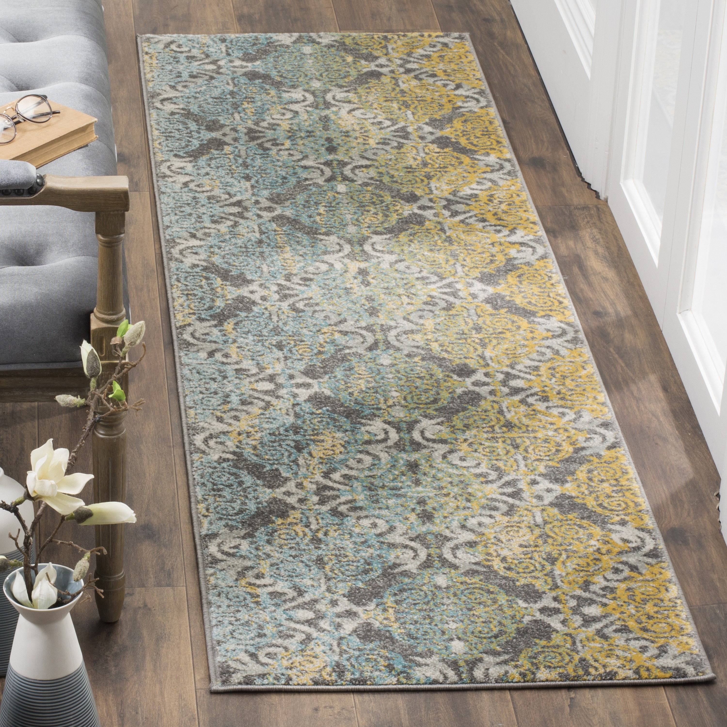 Safavieh EVK230D-211 Evoke Rigby 2 x 11 (ft) Loomed Synthetic Gray/Multi Rectangular Indoor Damask Vintage Runner rug
