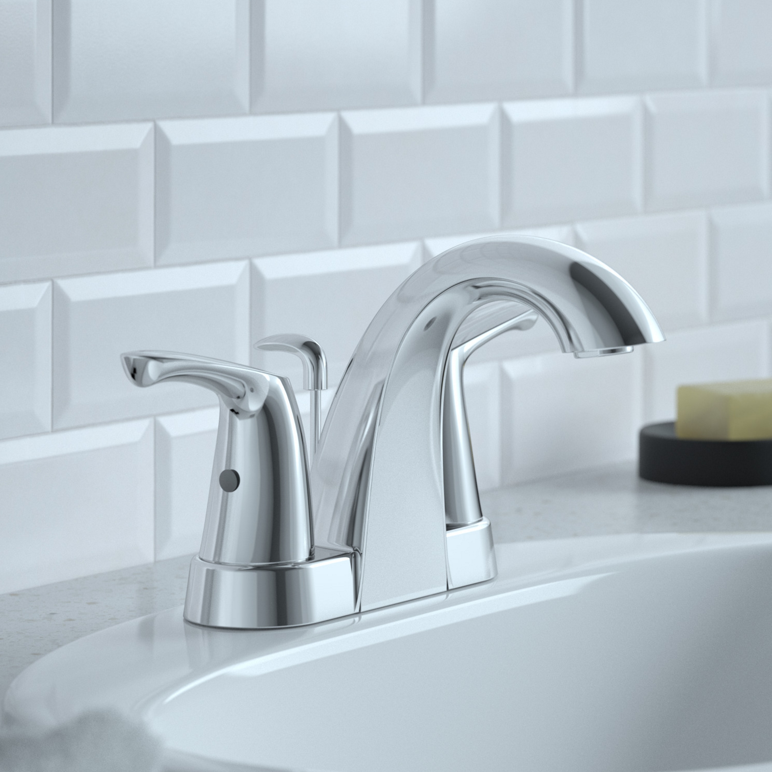 Project Source F51A1119CP Arte Chrome 4-in centerset 2-handle WaterSense Mid-arc Residential Handle Bathroom Sink Faucet with Drain