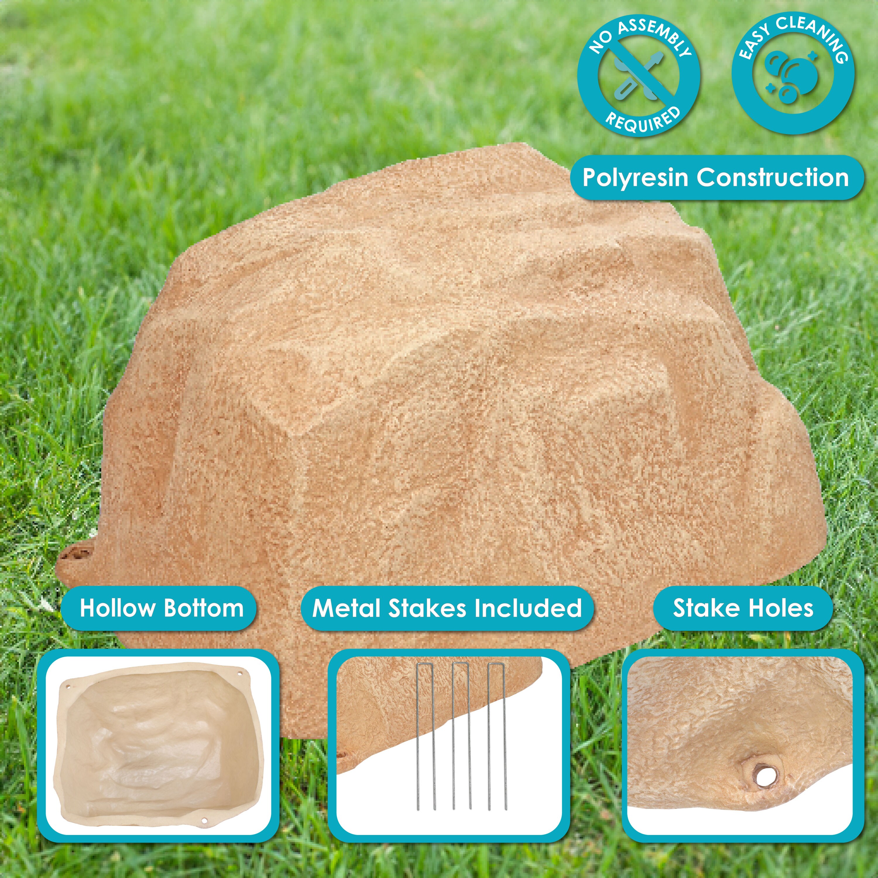 Sand Polyresin Low-Profile Garden Rock Cover with Stakes