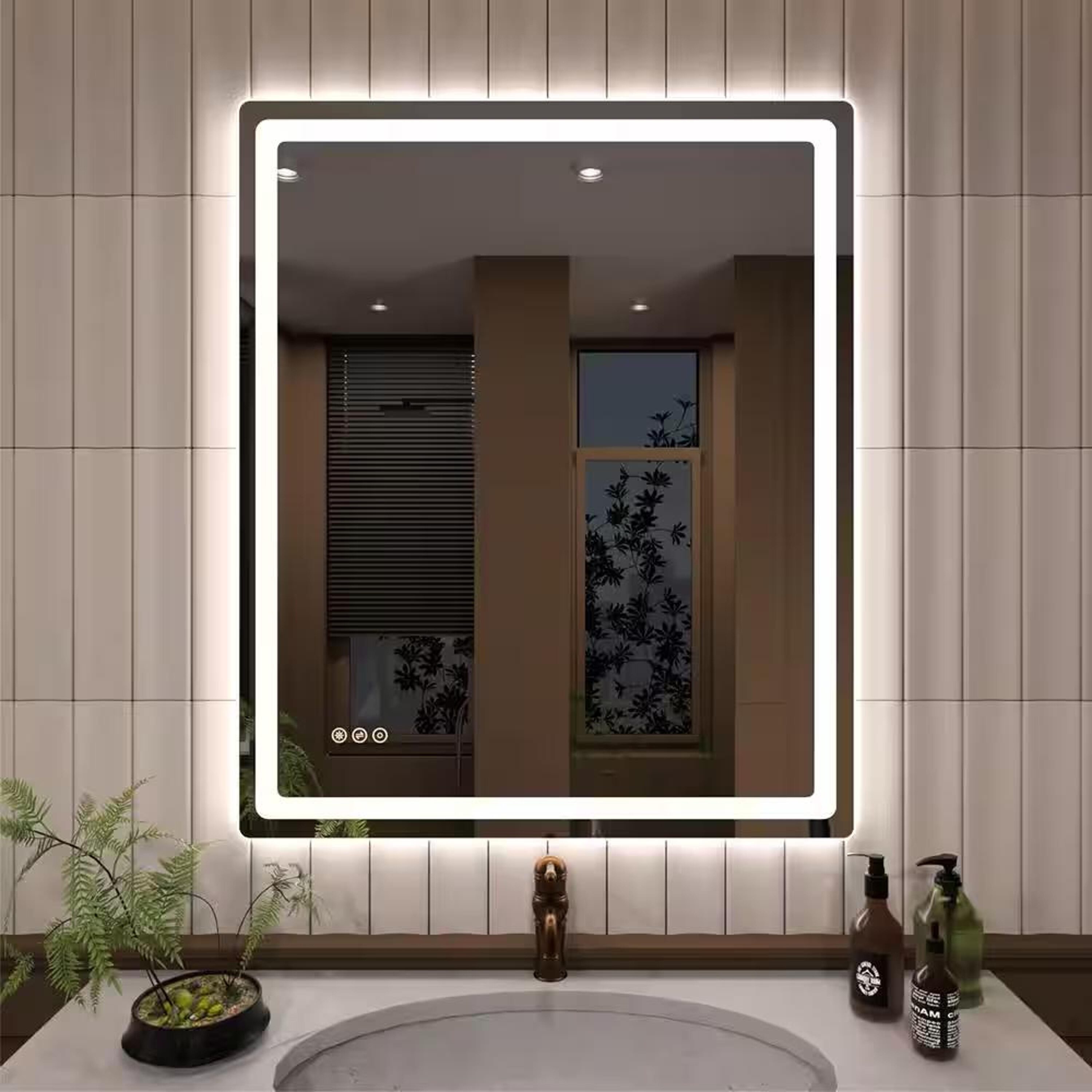 Bayfeve BFKF-3036U4-MIR Modern Multifunctio LED Bathroom Mirror 30-in x 36-in Polished Frameless Rectangle Dimmable LED Lighted Fog Free Bathroom Vanity Mirror ( Clear )