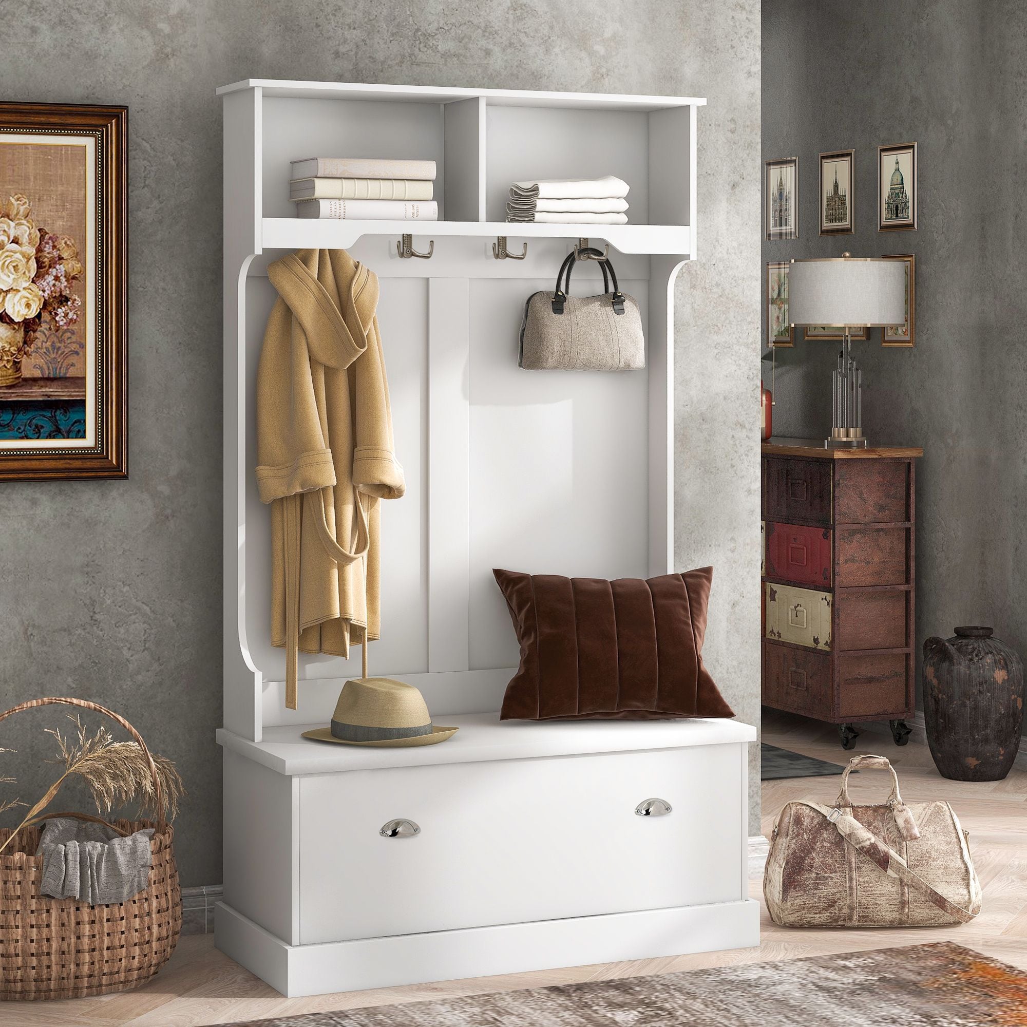 Yiekholo LL-0045AAK Modern 40.7-Inches White Wood Hall Tree