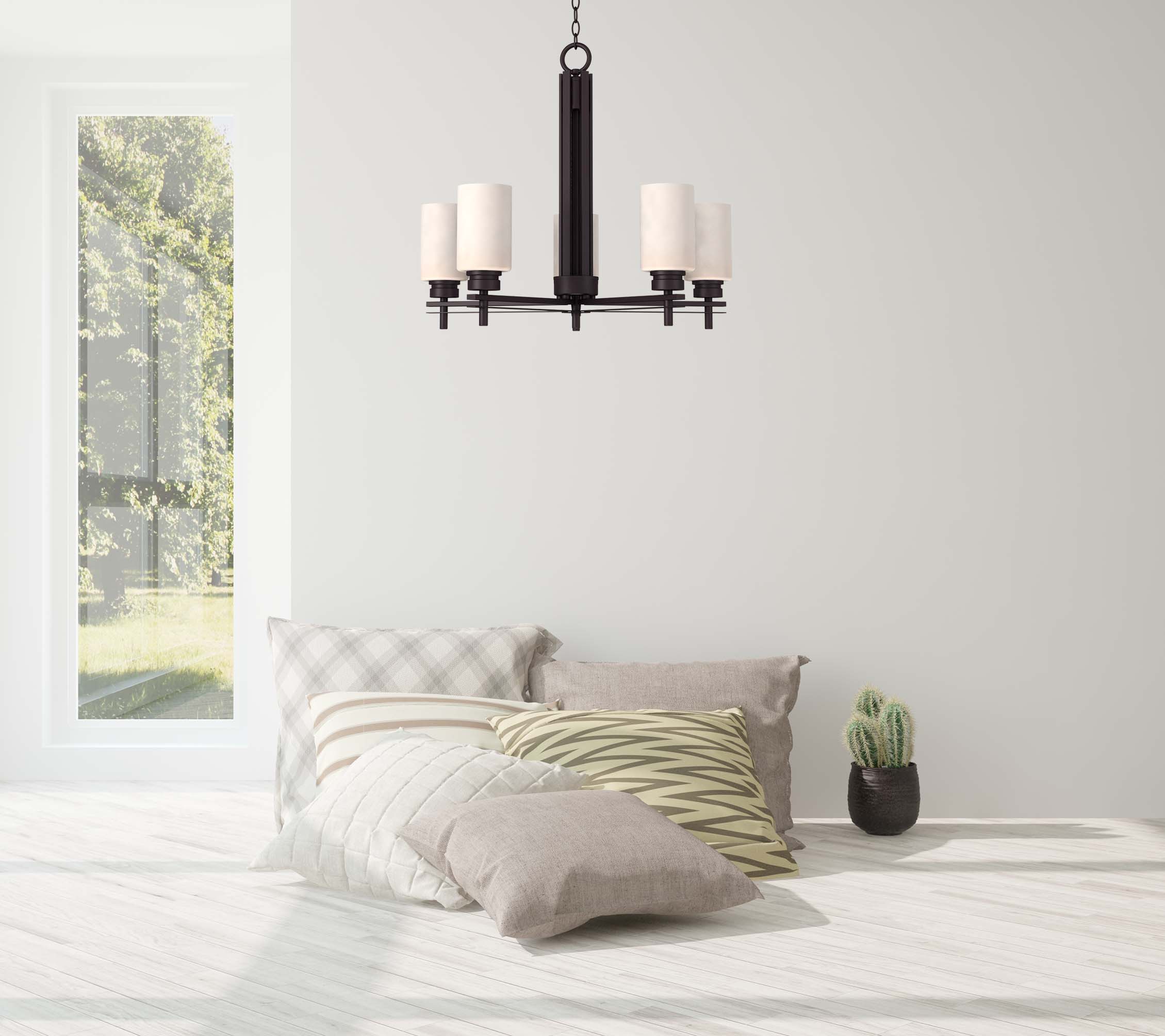 Antique Bronze Elegance 5-Light Chandelier with Etched White Glass Shades