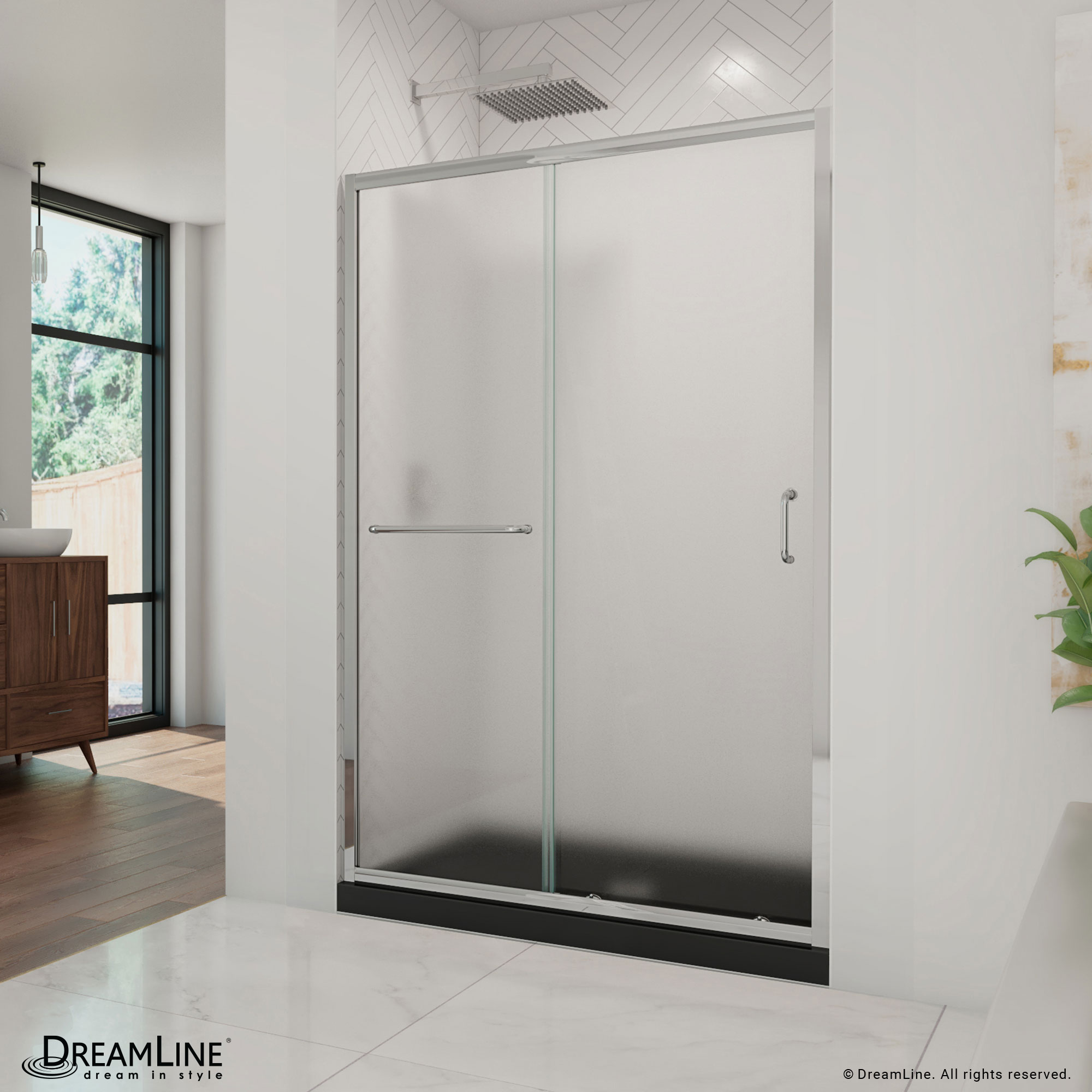 DreamLine DL-6975C-88-01F Infinity-Z 2 -Piece 48-in W x 36-in L x 75-in H Rectangular Alcove shower kit ( Center Drain) Base and Door Chrome Hardware Included
