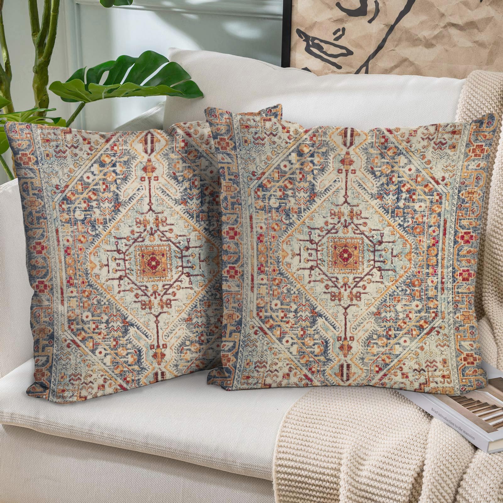Yichuhaoxi  Boho Throw Pillow Covers Set of 2 Eighteen by Eighteen Inch Vintage Carpet Pattern Double Sided Cushion Covers Soft Decorative Pillow