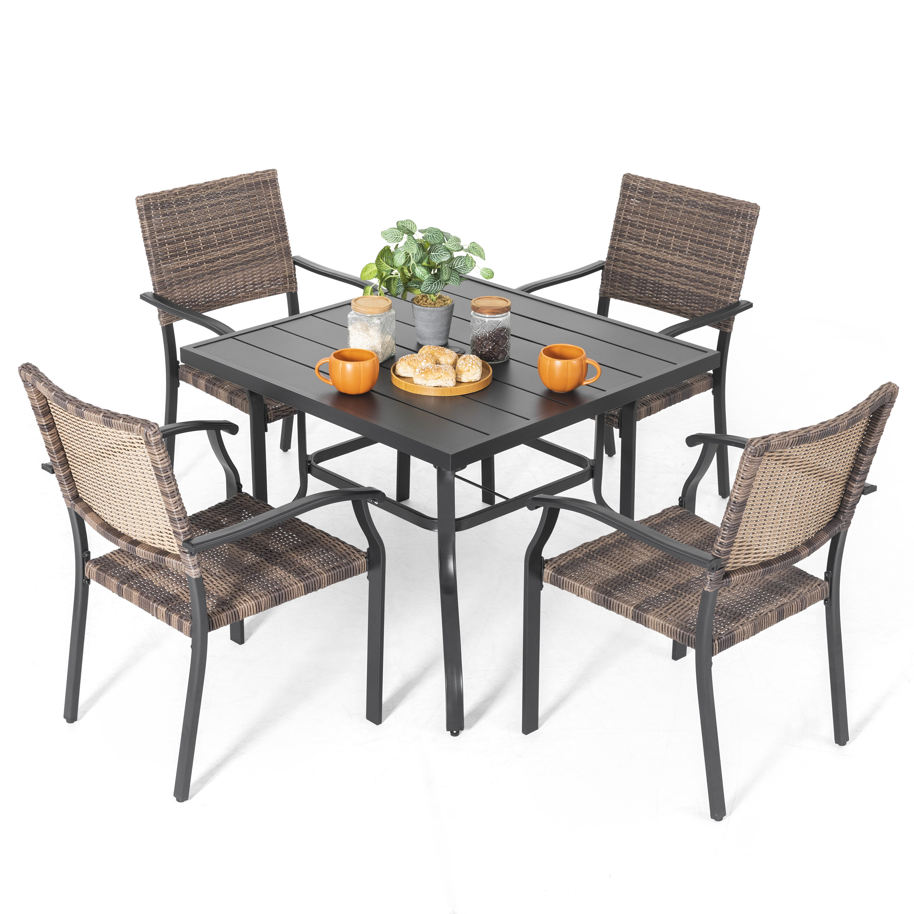 Black Iron Square Table with Mixed Wicker Chairs Outdoor Dining Set
