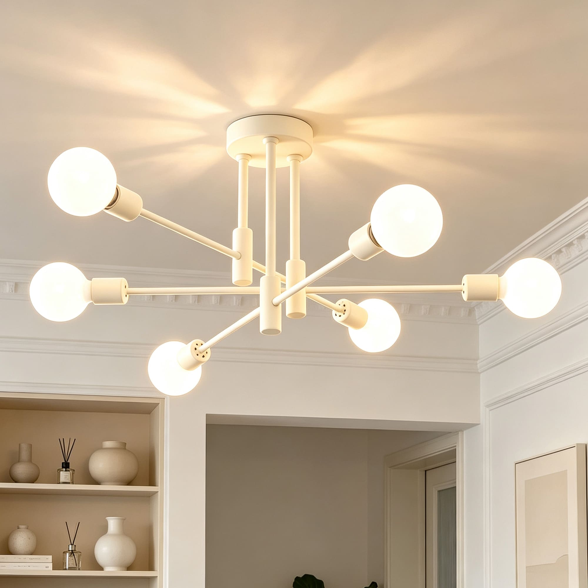 POWLIG Sputnik Chandelier 6 -Light Brushed Off-white Metal Chandelier