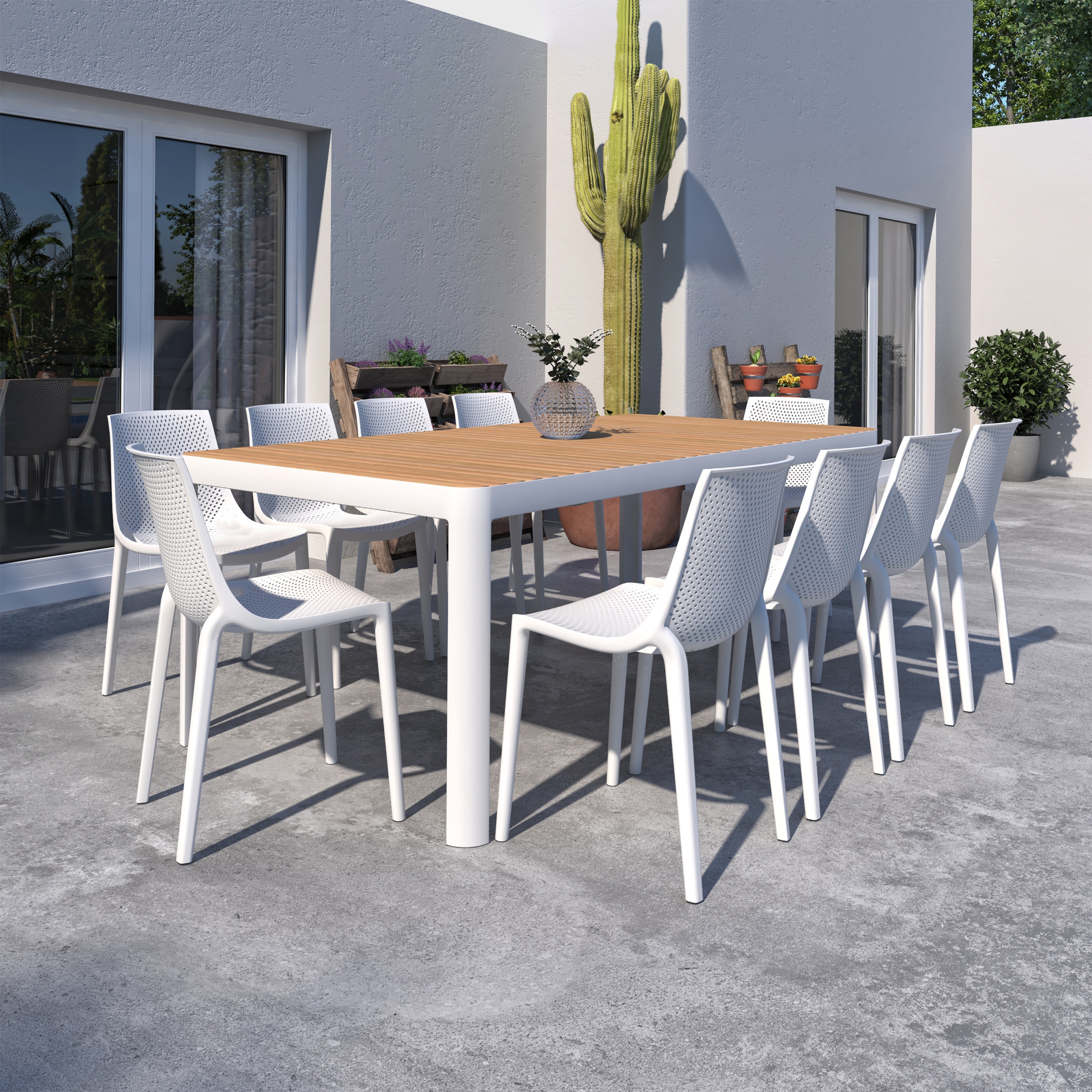 Amazonia PORTALS 10VALSIDEWHT Outdoor 11 -Piece White Patio Dining Set Aluminum Rectangle Table with 10 Brown Stackable Stationary Chairs