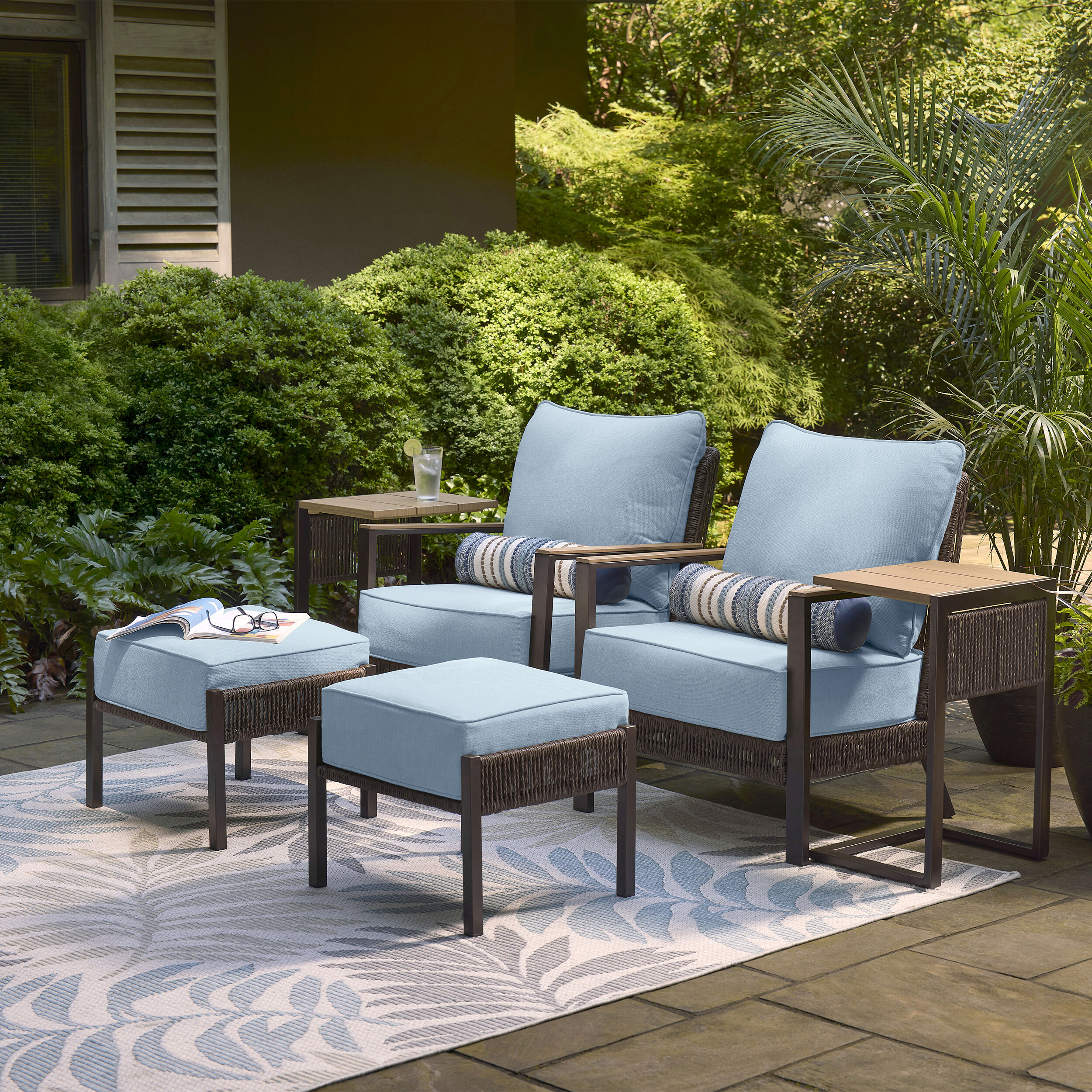 allen + roth A203189012 Ashford 6 -Piece Wicker Patio Conversation Set with Blue Cushions