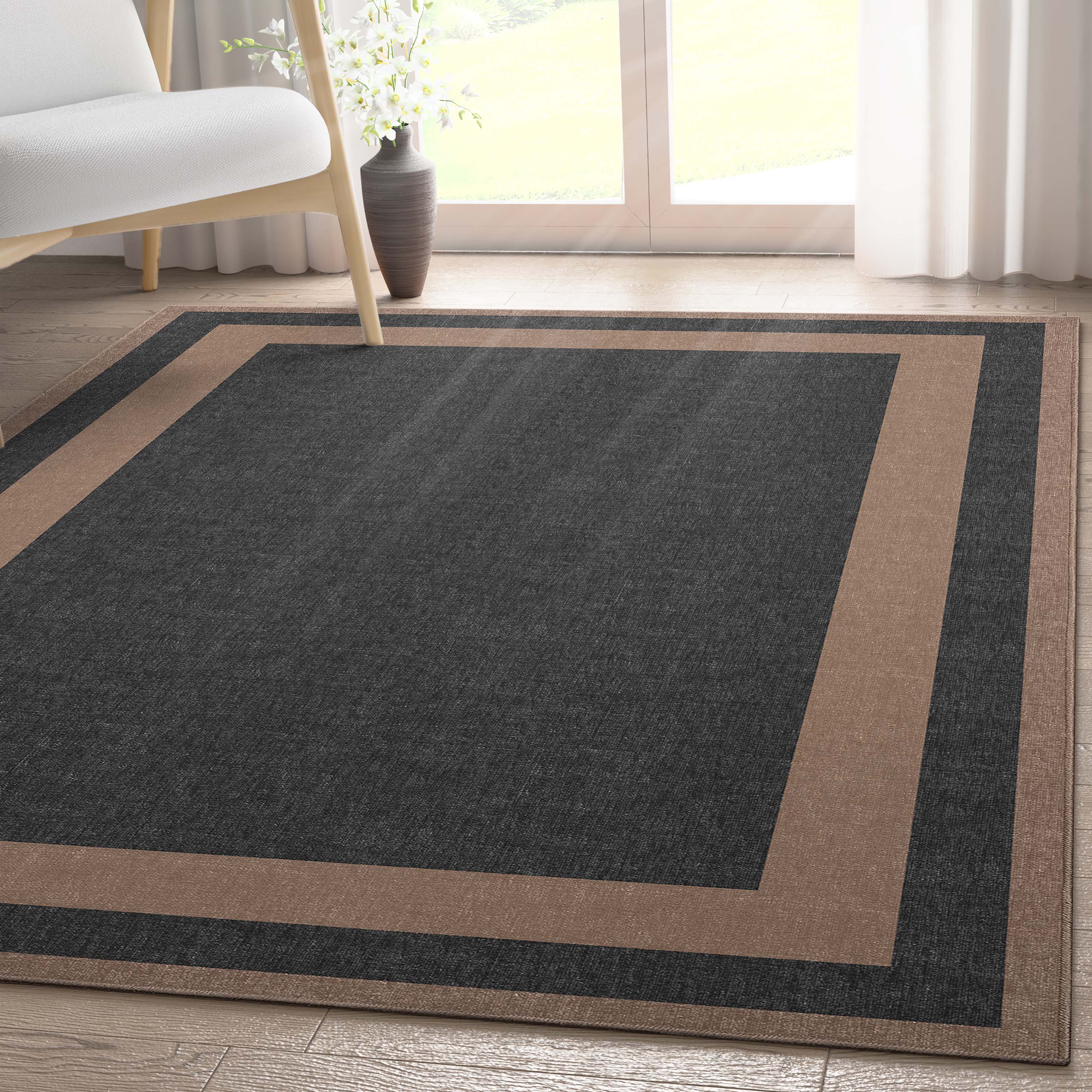 Well Woven W-PLB-02B-5 Border 5 x 7 (ft) Loomed Polyester Black Rectangular Indoor Abstract Mid-Century Modern Area rug