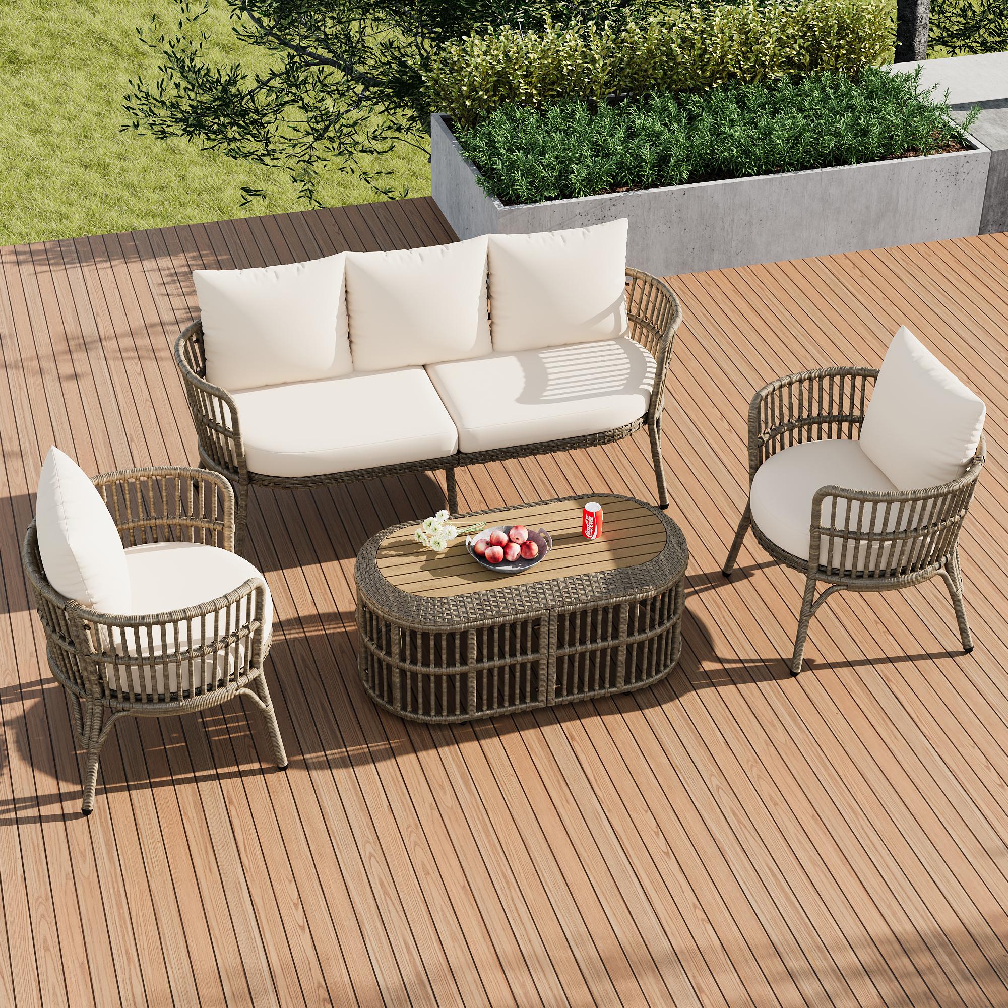 BABOOM BOM-0008AAD-OR Rattan Outdoor Patio Conversation Set 4 -Piece Rattan Patio Sofa Conversation Set with Off-white Polyester Cushions