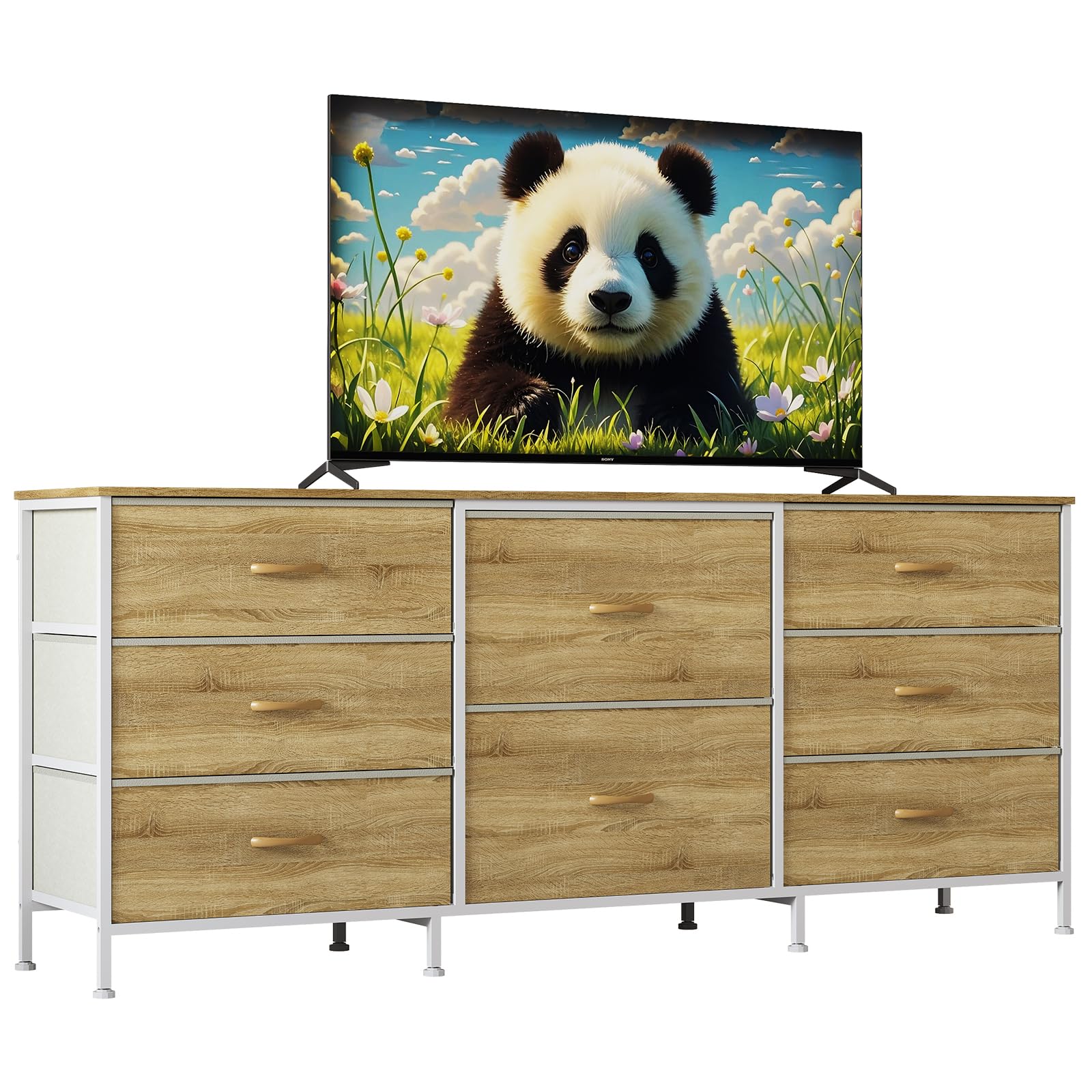 GarveeLife 8 Drawer Wide Fabric Dresser TV Stand for Bedroom or Living Room 63 Inch Storage Chest with Wood Top Metal Frame