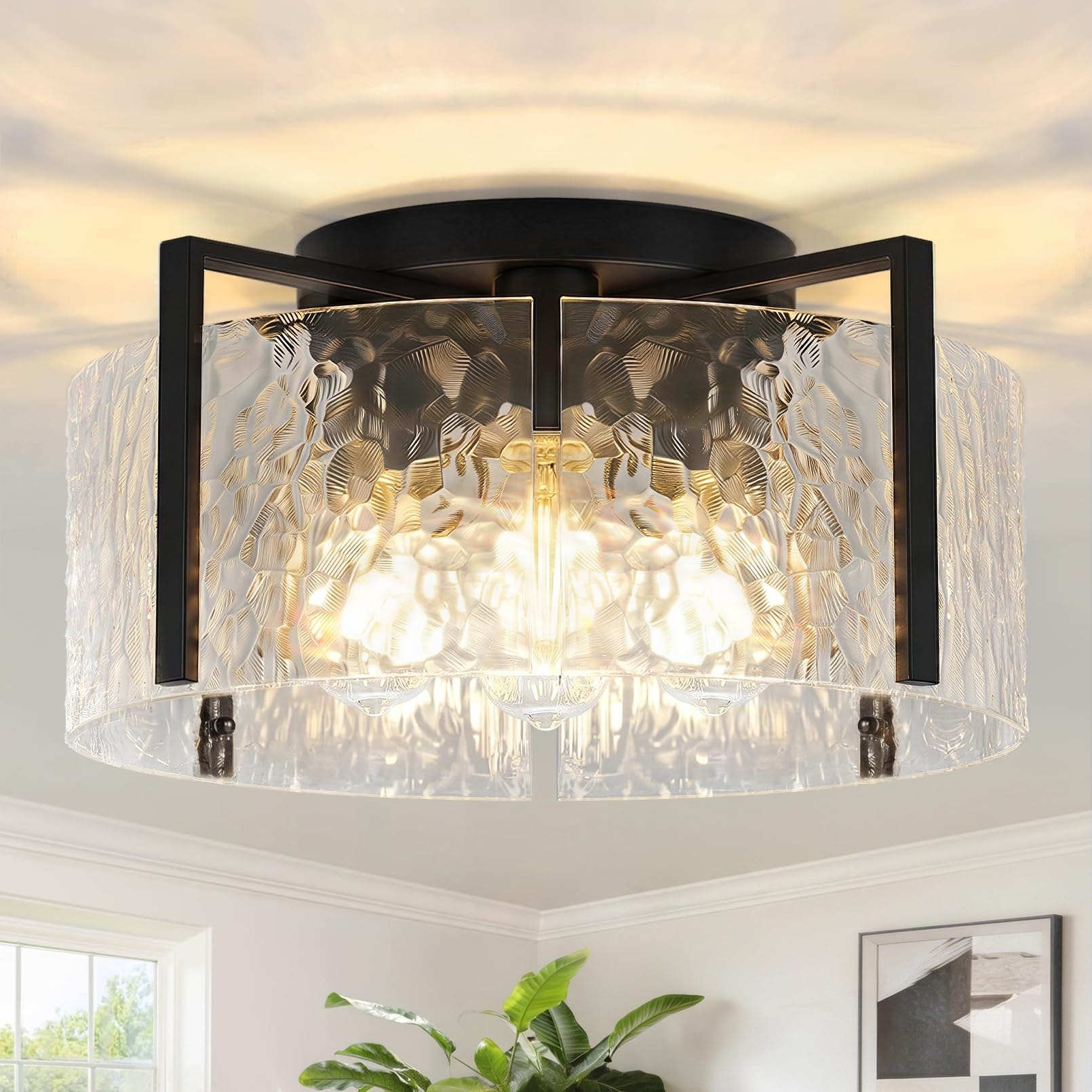 Oyezvary  16 Inch 4 Light Semi Flush Mount Ceiling Light Modern Hammered Glass Drum Fixture Dimmable E26 Sockets Indoor Lighting for Bedroom Hallway Entryway Kitchen Foyer Living Room Laundry 1 Piece