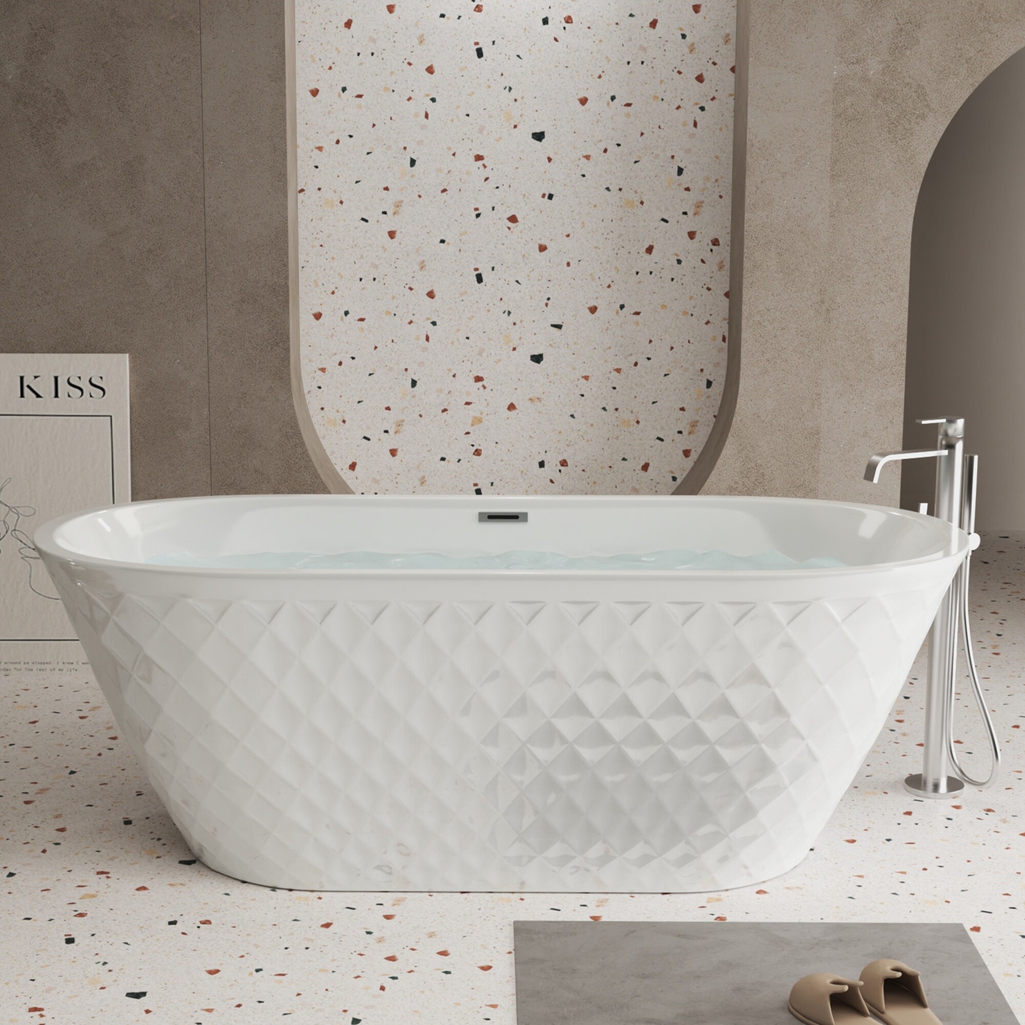 HyperDrop Cart 59 Inch Acrylic Freestanding Bathtub With Diamond Pattern Oval Gloss White Chrome Overflow Pop Up Drain cUPC Certified