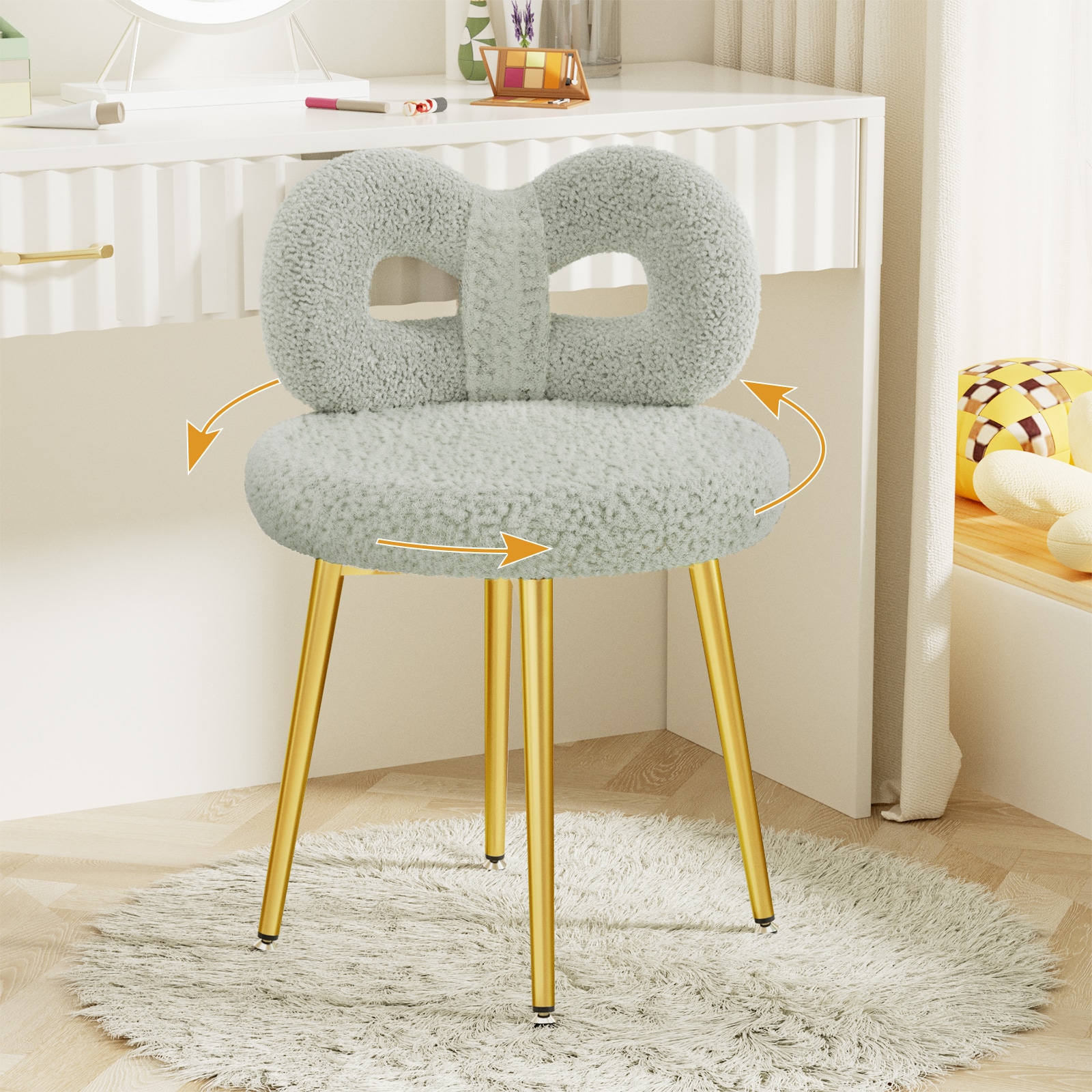LOVMOR 760580585051 Vanity Chair with Back Swivel Makeup Chair No Wheels Bedroom Chair with Upholstered and Cute Bow Backrest