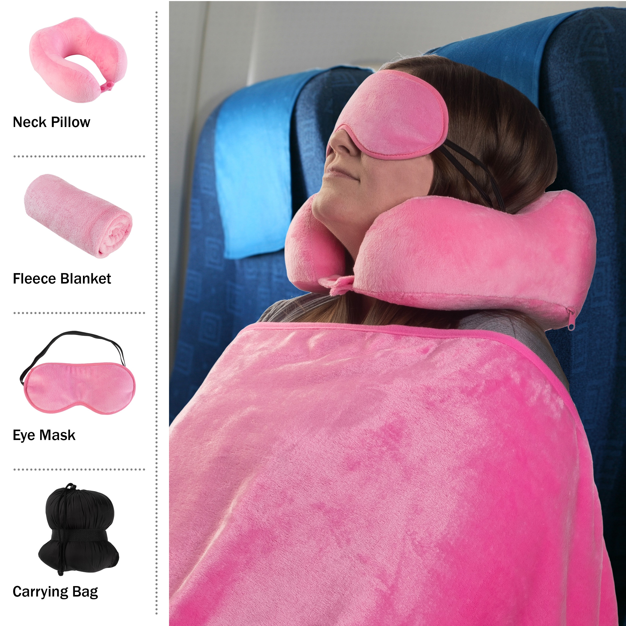 Pink Memory Foam Travel Pillow Set with Fleece Blanket and Eye Mask