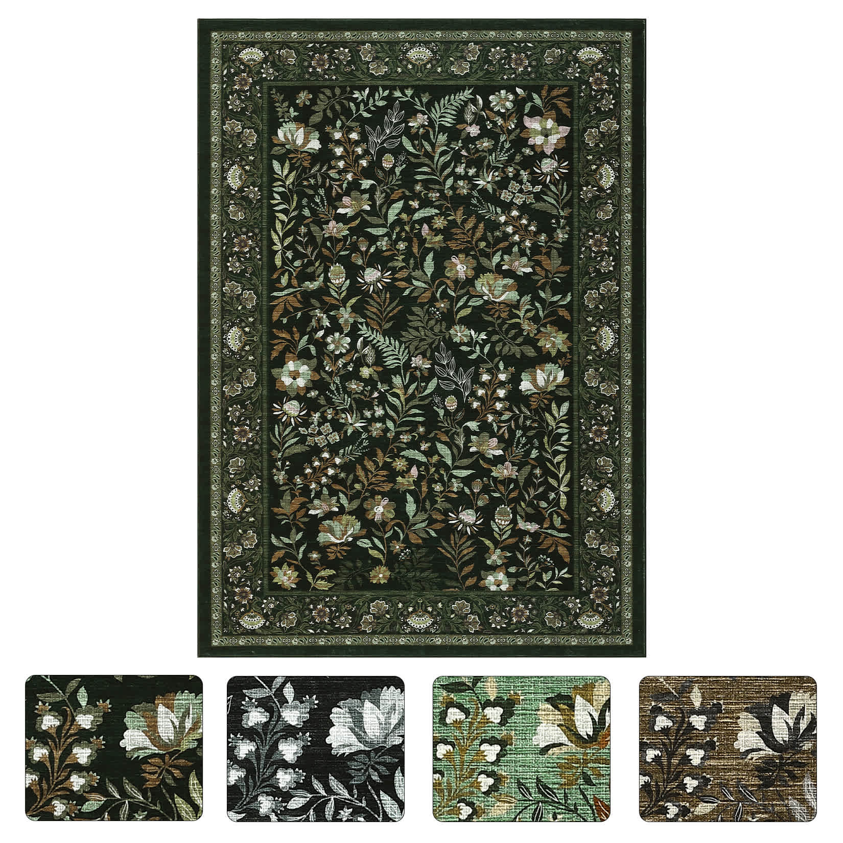 Qeetex LSN-PHK-34RLRB7G 5 x 7 ft Polyester Dark Green Rectangular Hallway Bathroom Entryway Kitchen Office Foldable Flower Printed Modern Washable Area Rug