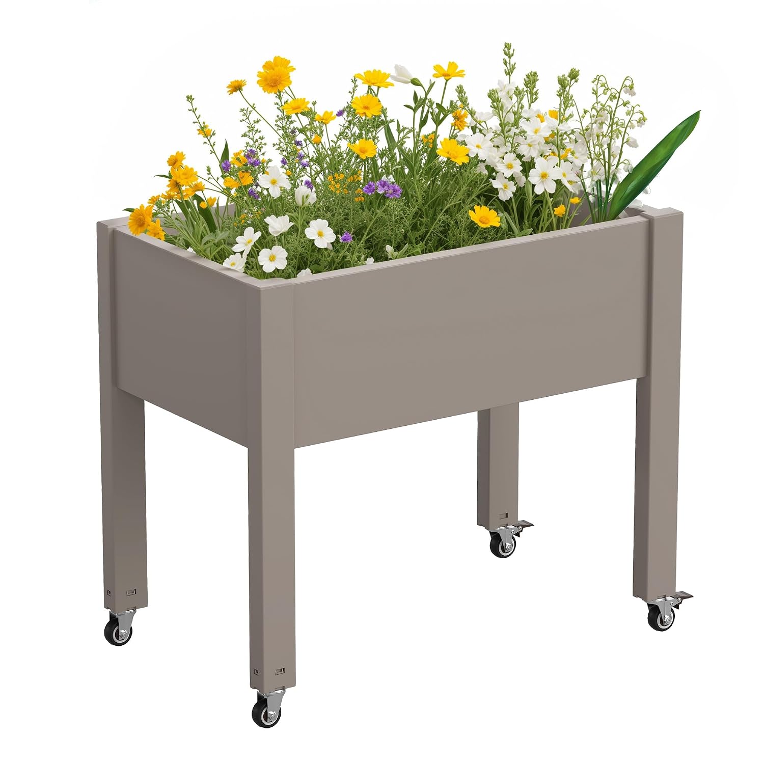 CJGQ 26.3 In Tall Elevated Raised Garden Bed with Wheels Mobile Resin Planter Box with Drainage for Vegetables Herbs and Flowers Weather Resistant