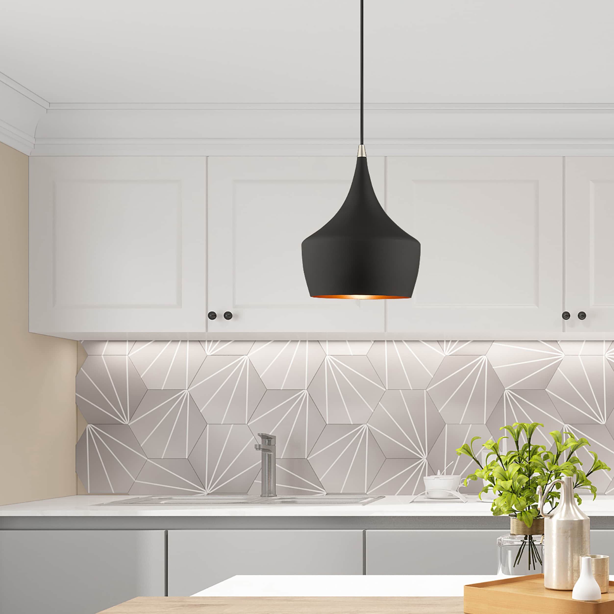 Contemporary Mini Pendant with Black Metal Shade and Gold Finish Inside