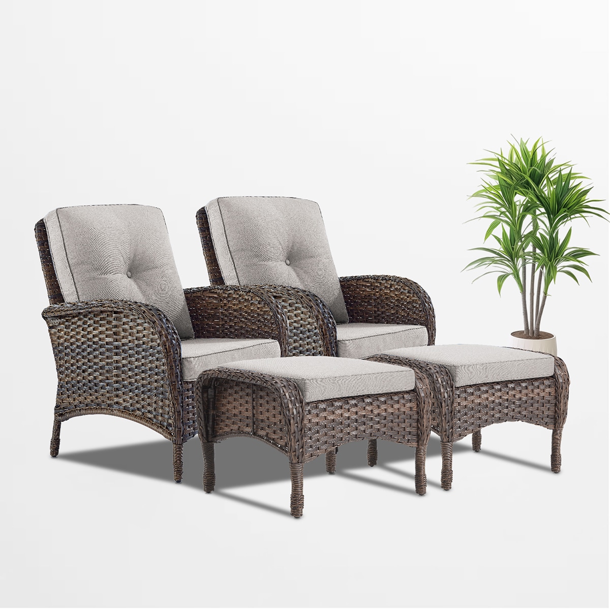 Rilyson FS087116-2 New Juno Set of 2 Wicker Brown Wicker Frame Stationary Conversation Chair with Off-white Beige Cushioned Seat