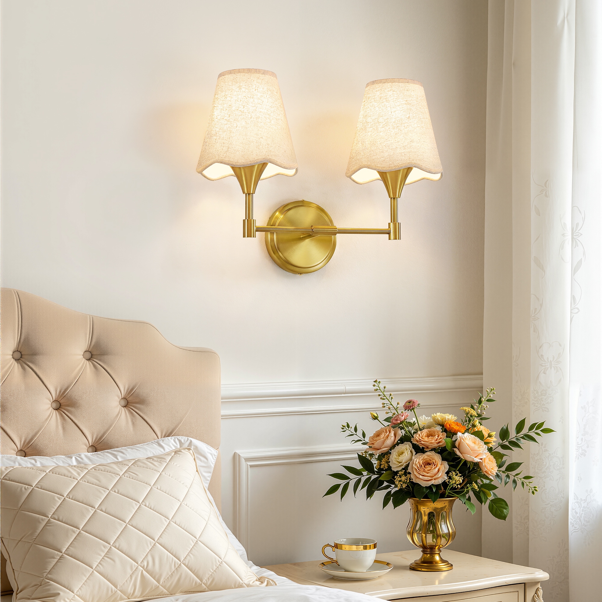 KAISITE  16 in Brushed Gold 2-Light Bathroom Vanity Light with Beige Linen Shades