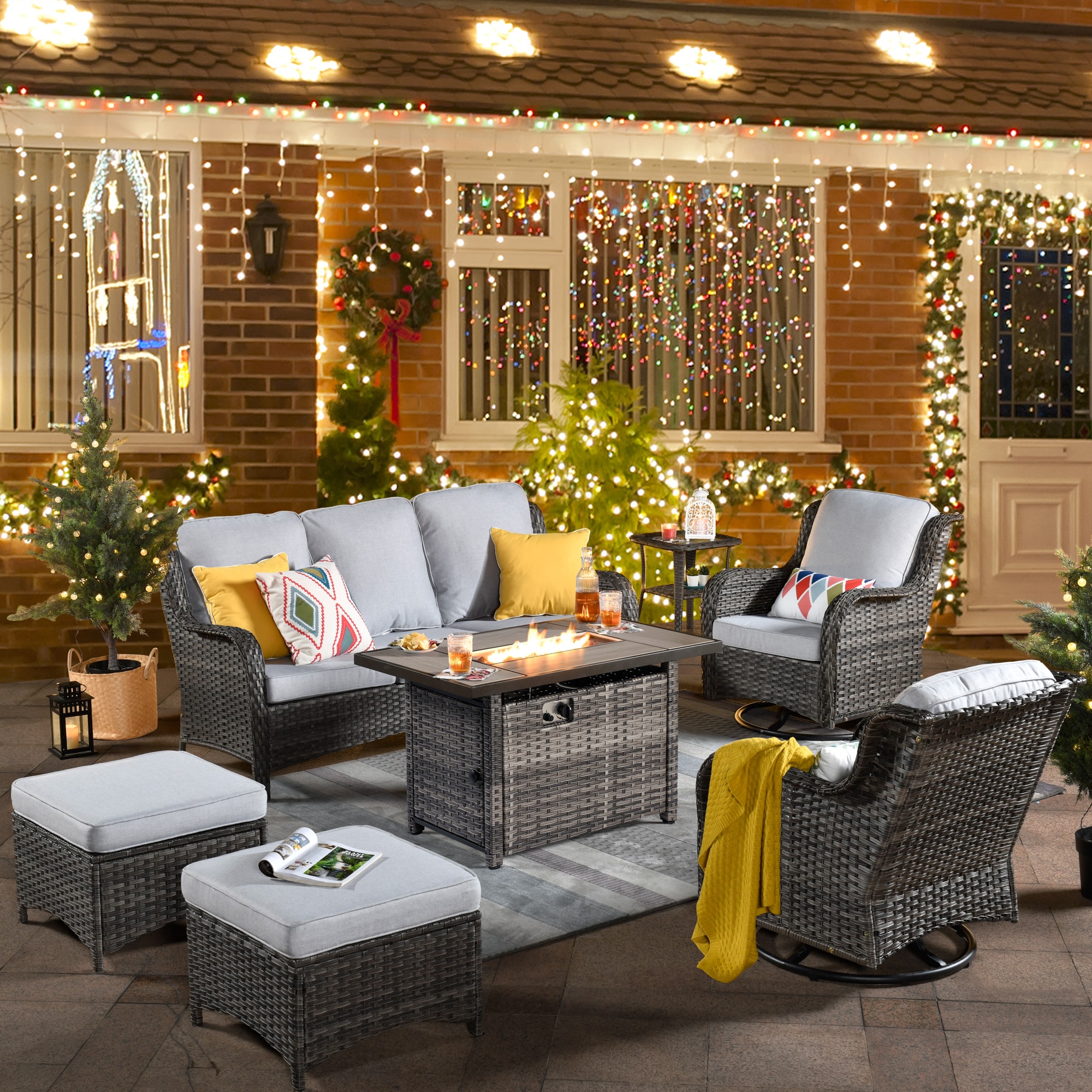 Pouuin SRFPGNTC40-7 7 -Piece Wicker Patio Sofa Conversation Set with Gray Cushions