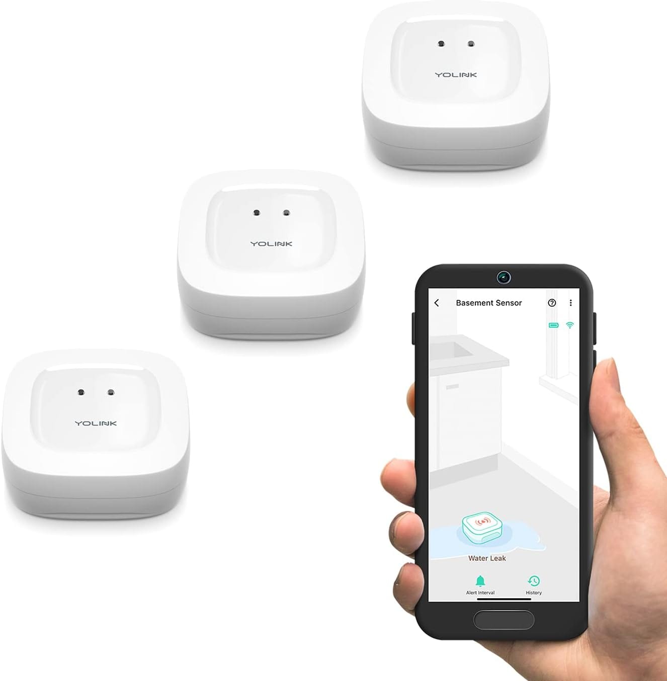 YoLink 3YS8003 Yolink Water Leak Sensor 3-pack, Lora Up To 1/4 Mile Open-air Range Smart Water Leak Flood Detector, Sms/text, Email Push Notifications, W/alexa, Ifttt, Home Assistant- Yolink Hub Required
