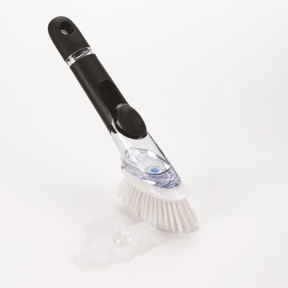 OXO Soap Dispensing Dish Brush - Black, Countertop Mount, Durable Nylon  Bristles, Easy Soap Squirt, Baked-On Food Scraper in the Soap Dishes  department at