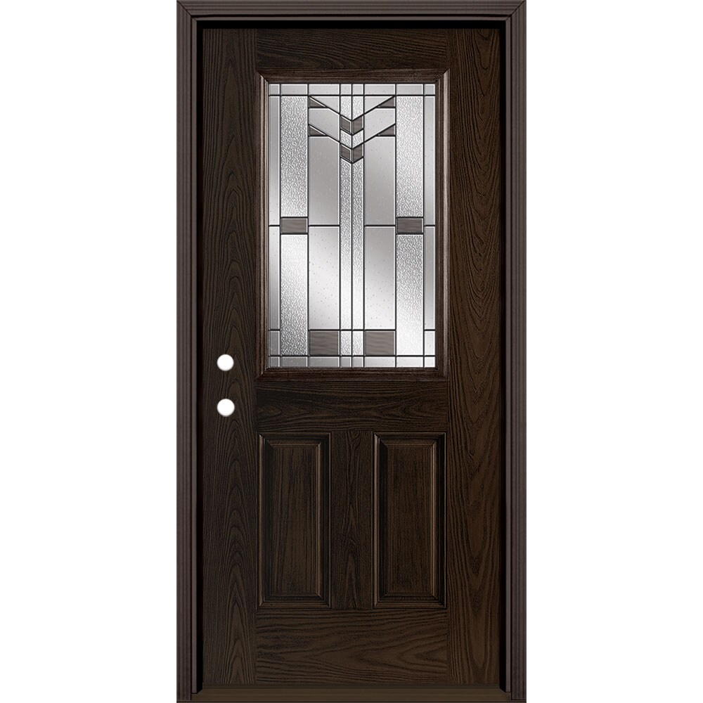 Masonite 3420246 Frontier 36-in x 80-in x 4-9/16-in Fiberglass Half lite Right-hand inswing Walnut Stained Prehung Front Door with Brickmould Insulating core