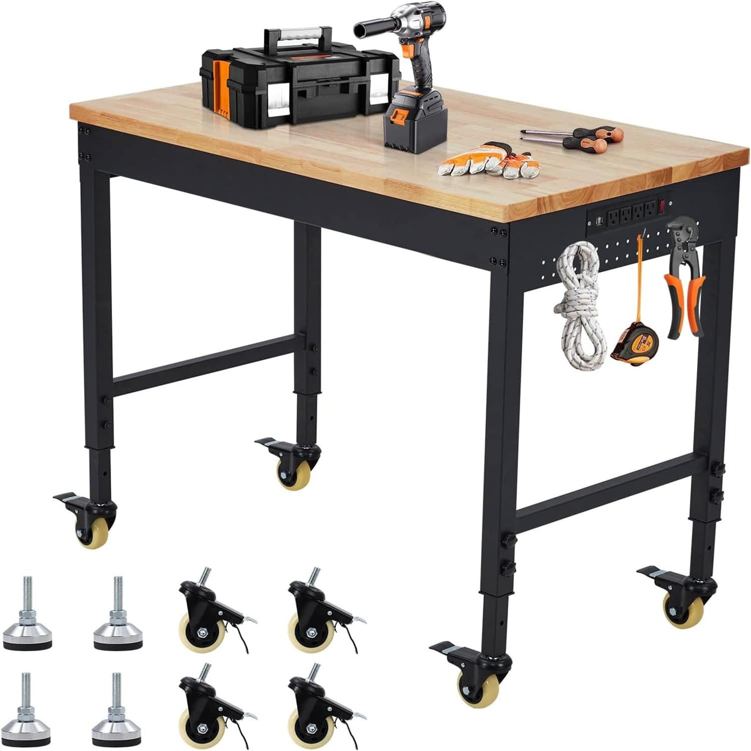 Qeetex LSHQQPHO-0ZEE955M 72 Inch Adjustable Heavy Duty Workbench with Pegboard 2000 lb Load Capacity Rubberwood Workbench with Swivel Casters and Electrical Outlet