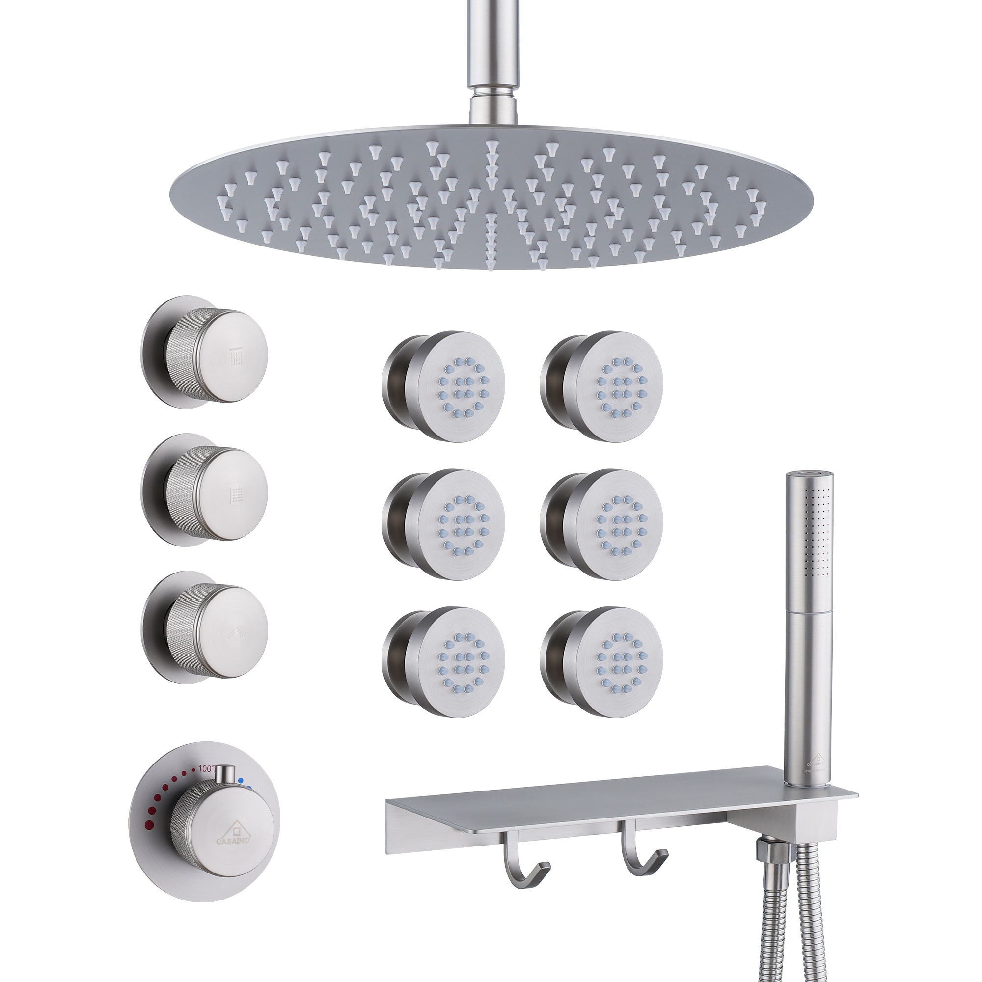 CASAINC KCHS0004-12BN Brushed Nickel 12-in Built-In Shower Faucet System with 3-way Diverter ( Thermostatic Valve Included )