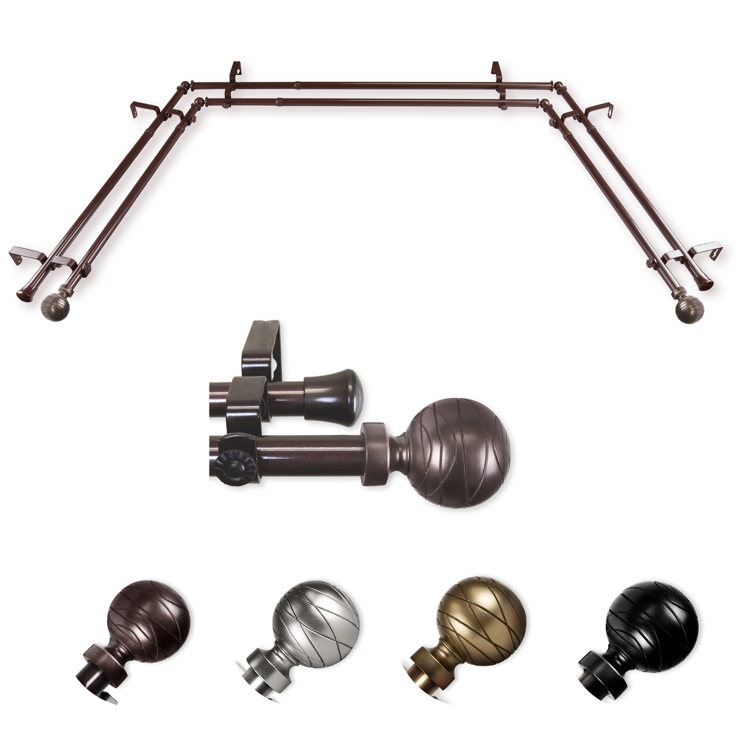 Hart & Harlow LO-ABAY-84-7D 72-in to 144-in Cocoa Steel Bay window curtain rod with Finials