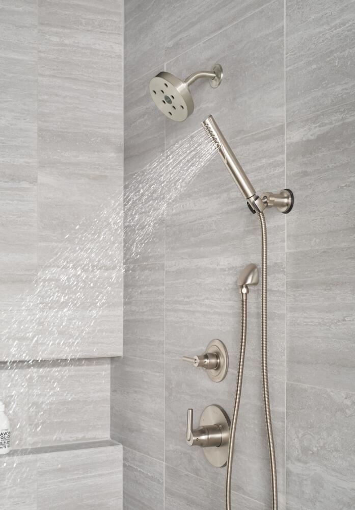 Delta Trinsic Thermostatic Shower System with Shower Head, Shower Arm, Hand  Shower, Slide Bar, Hose, Valve Trim and MultiChoice Rough-In: Trinsic