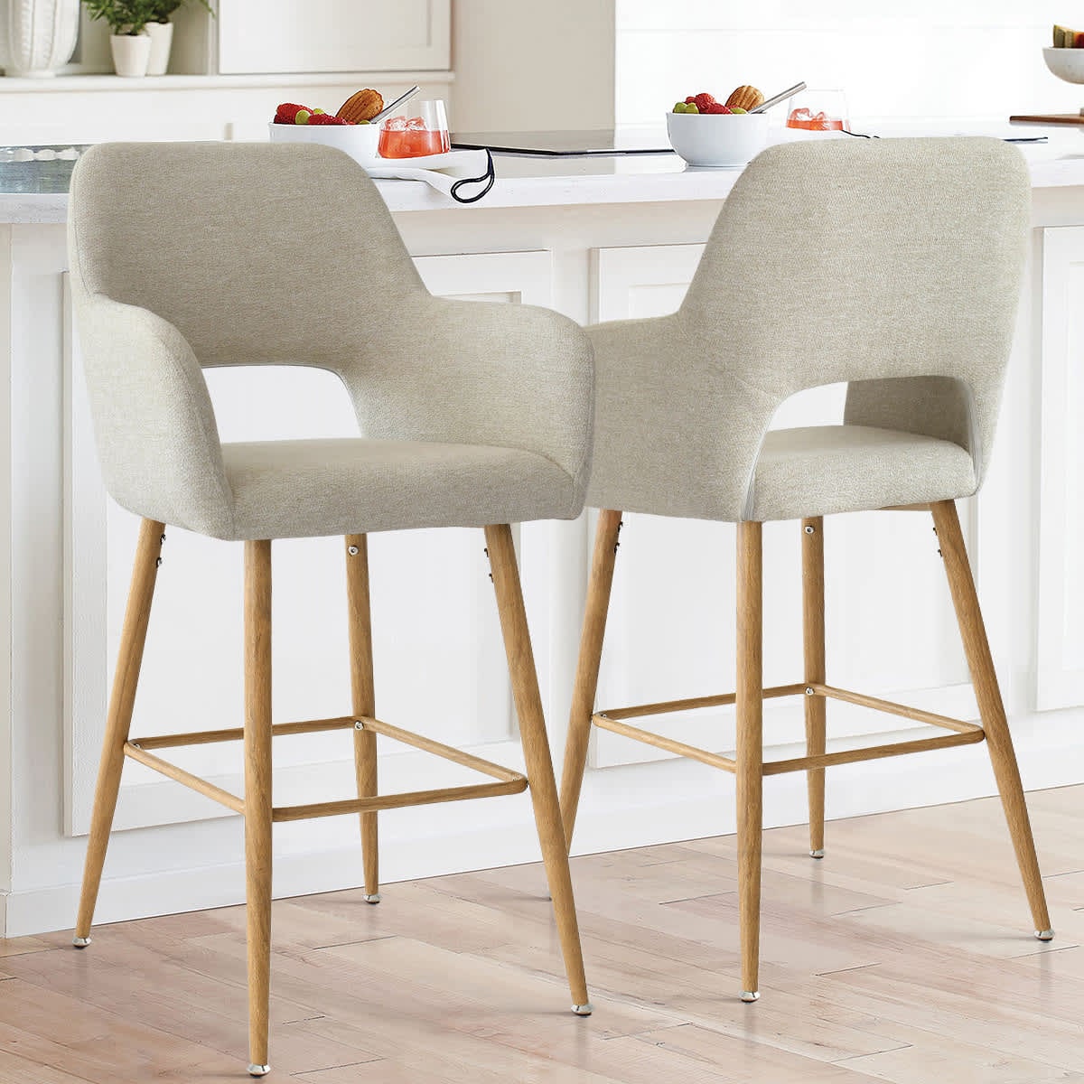 Maison Boucle ATLANTA-ARM-MB-BEIGE Set of 2 Beige Linen Upholstered 25.5-in Counter Height Stools with Back and Arms for Kitchen Island