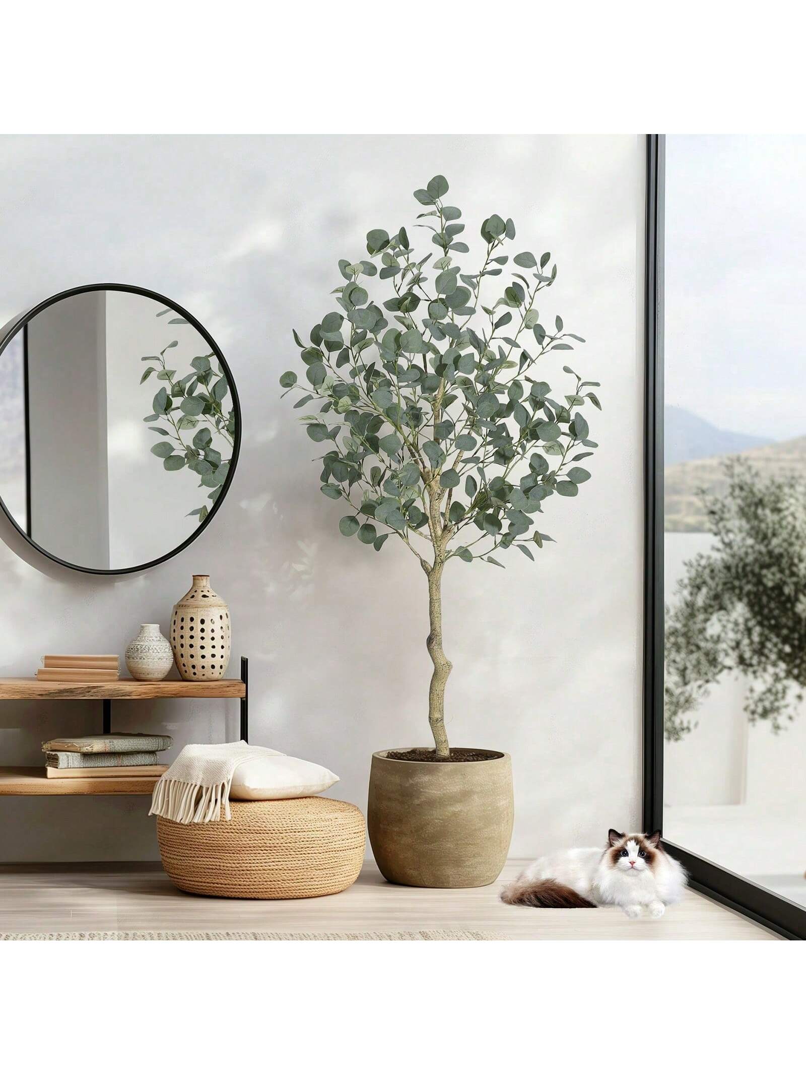 Qeetex PHO-15CG8ET4-HF4 5FT Eucalyptus Artificial Tree. Imitation Eucalyptus. Straw Pot Plant with Silver Dollar Leaves. Suitable for Living Room Bedroom Office Decoration