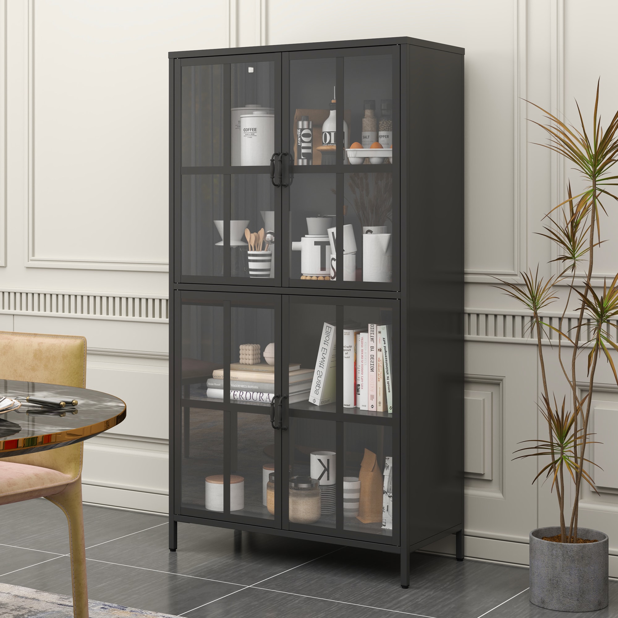 GDFStudio 351081 Ellison Premium Metal Storage Cabinet with Tempered Magnetic Silent Closure Glass Doors and Adjustable Shelves Black