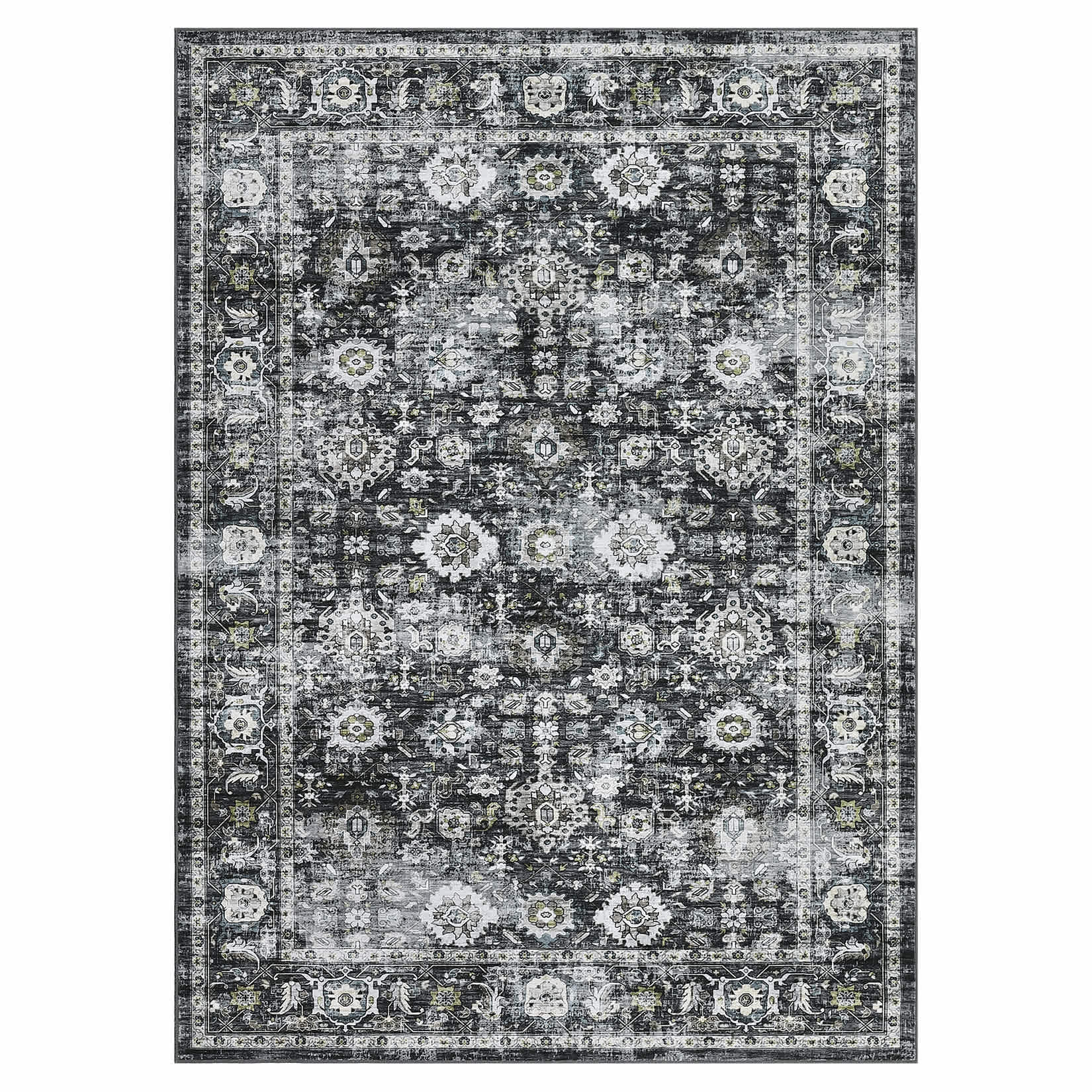 Qeetex FL-PHO-336GE00P 5 x 7 ft Polyester Imitation Cashmere Black Gray Rectangular Hallway Bathroom Entryway Kitchen Office Foldable Flower Printed Persian Washable Area Rug