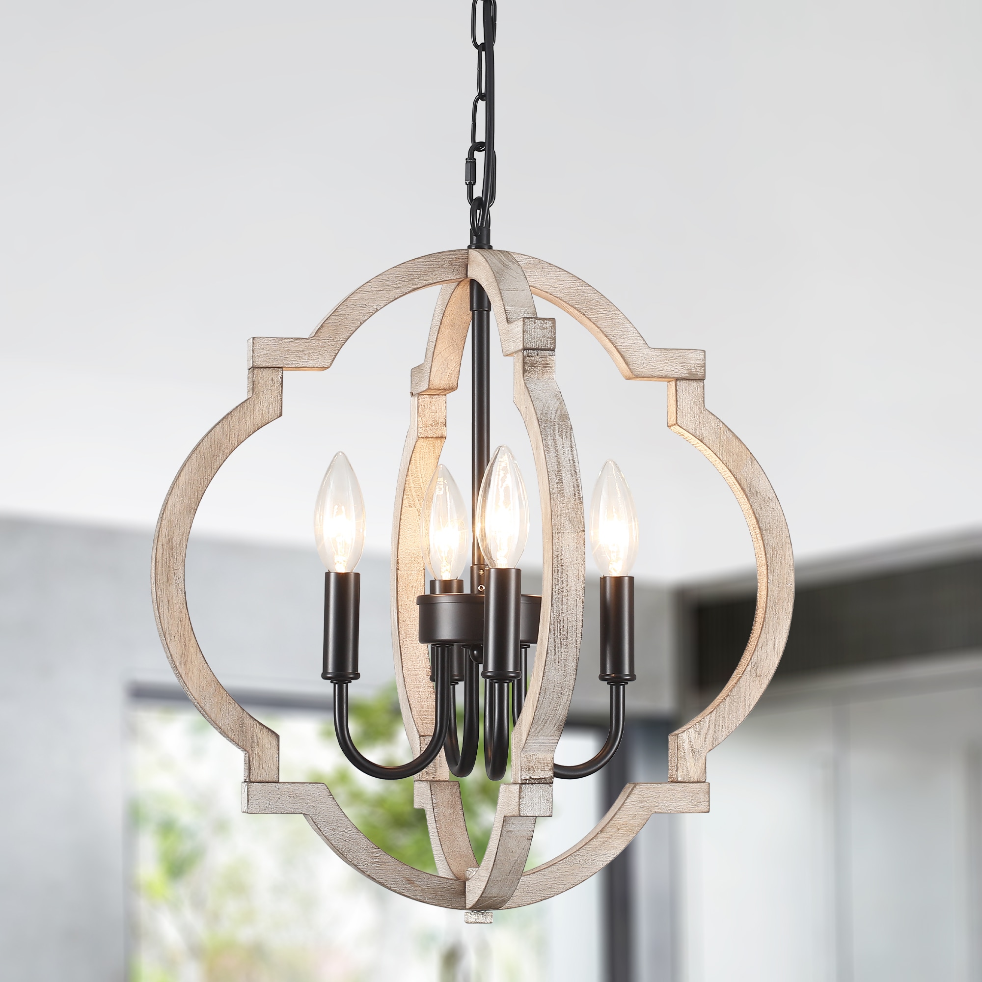 Zjvaive 16.33inch 4-Light Black And Vintage Off-White Wooden Frame Chandelier Rustic Farmhouse Geometric for Multiple Spaces