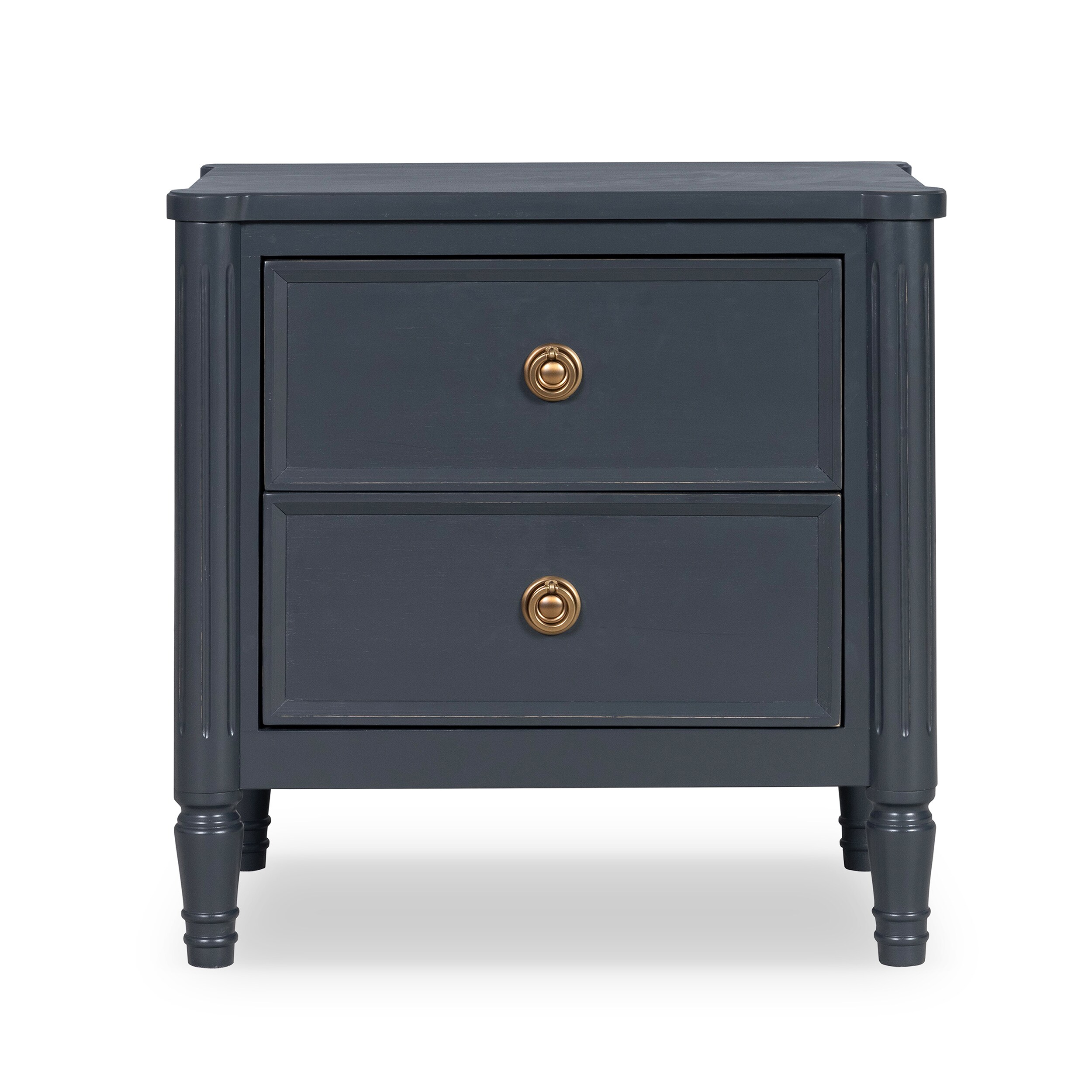 Close-up view of blue nightstand with two drawers and brass pulls