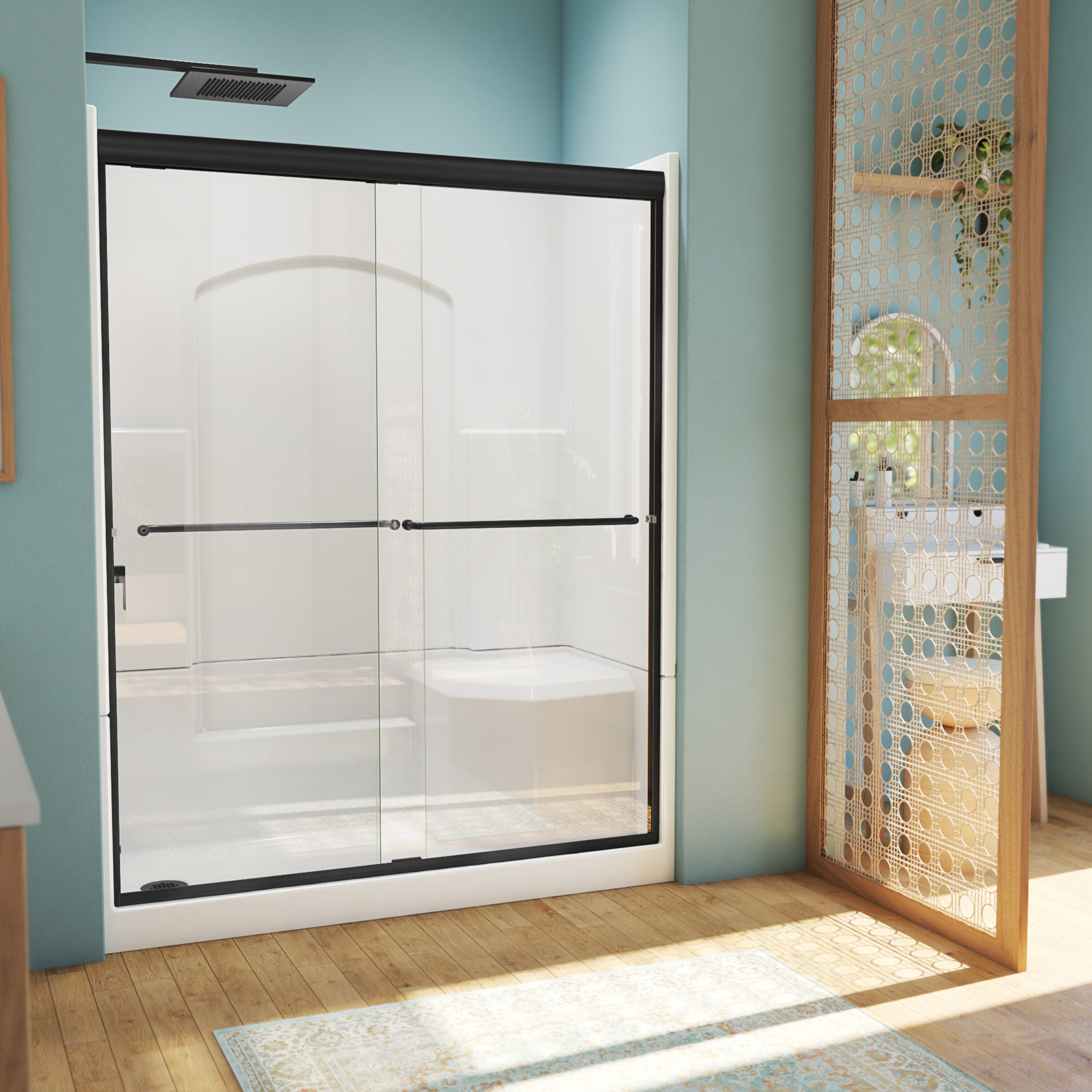 Laurel Mountain L3260SH1S4PRWM3 Slayden 5 -Piece 32-in W x 60-in L x 77-in H Alcove shower kit ( Left Drain) with Integrated Seat Base, Wall, Door and Drain Included Black